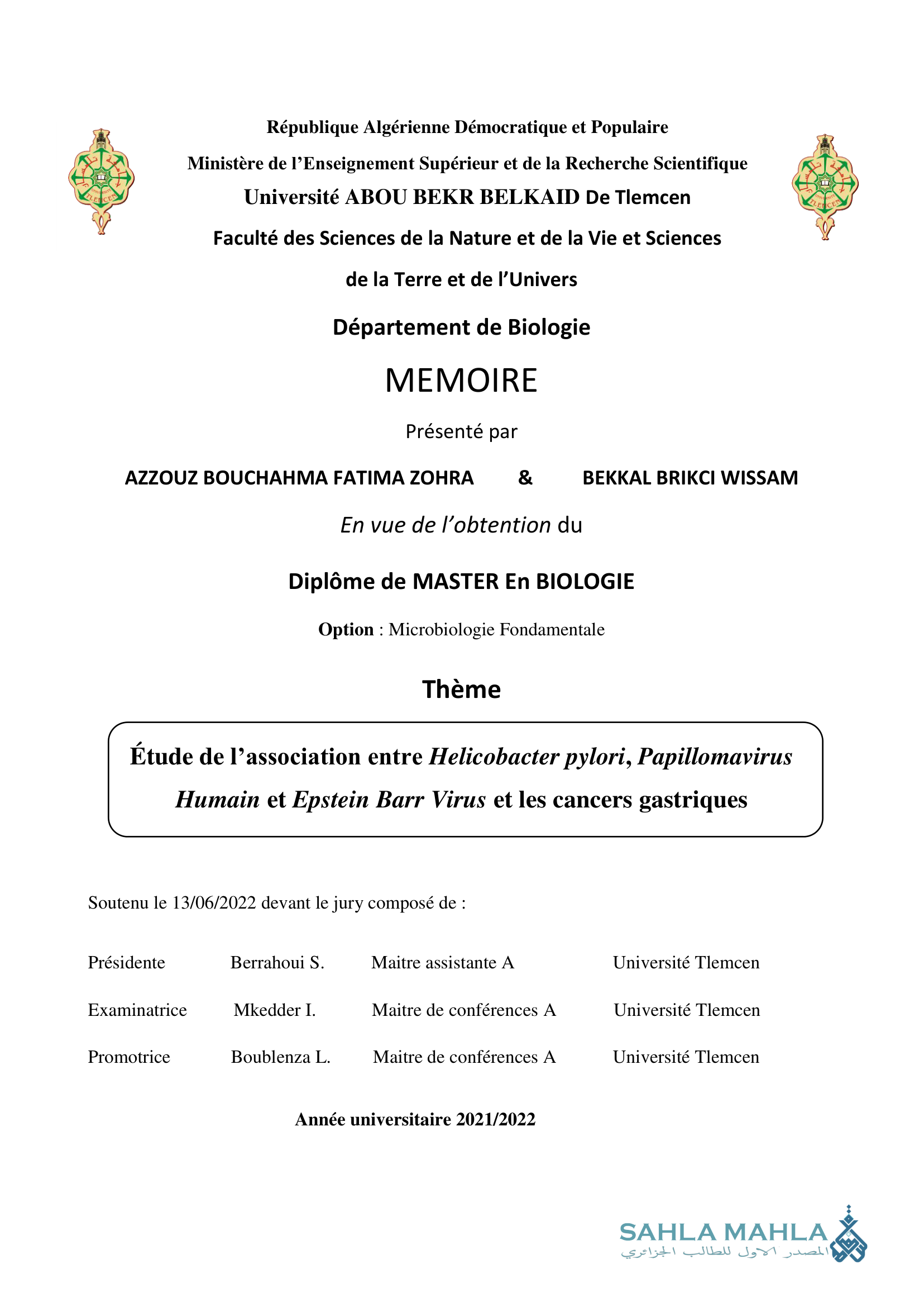 Étude de l'association entre Helicobacter pylori, Papillomavirus Humain et Epstein Barr Virus et les cancers gastriques