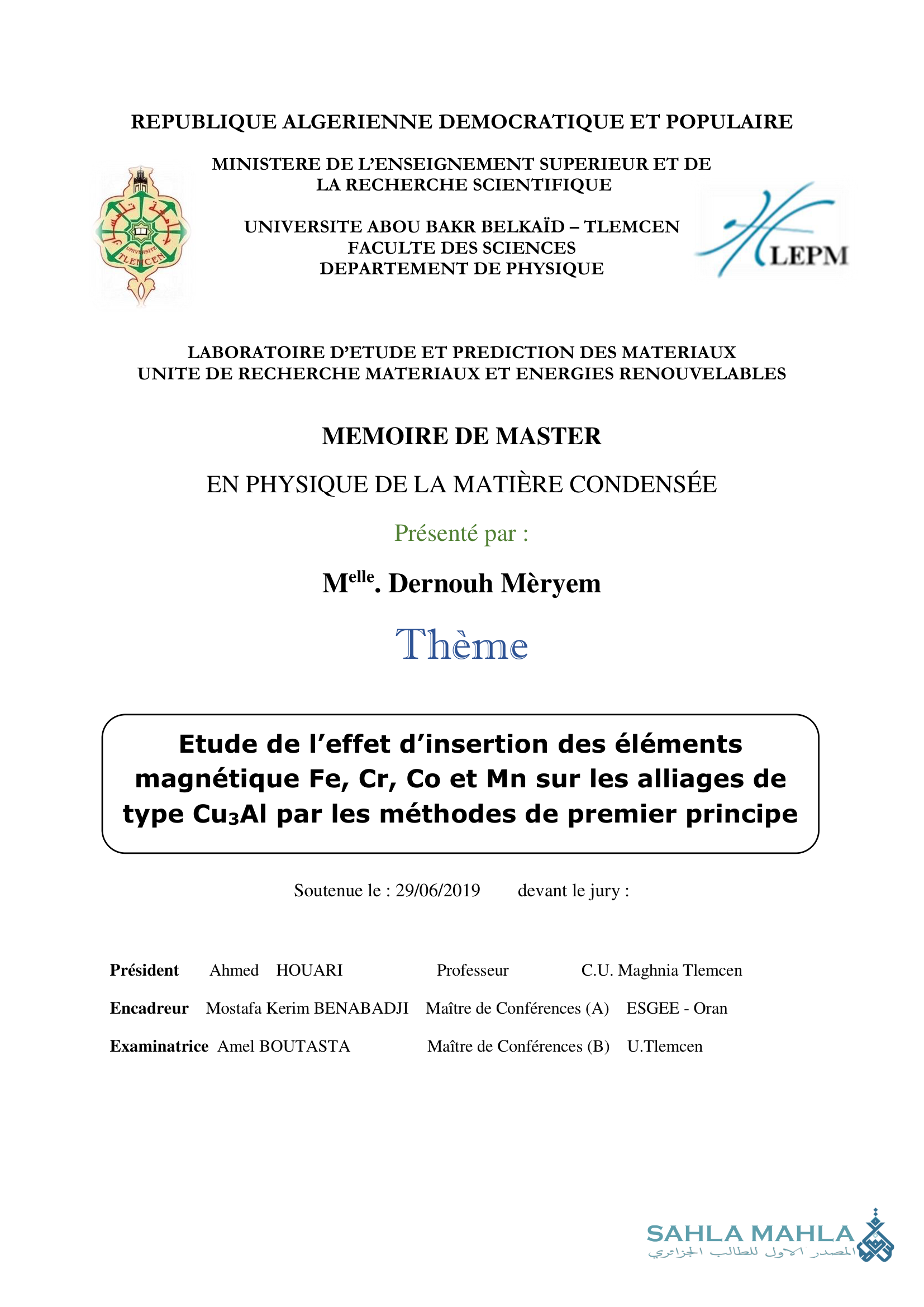 Etude de l'effet d'insertion des éléments magnétique Fe, Cr, Co et Mn sur les alliages de type CuзAl par les méthodes de premier principe