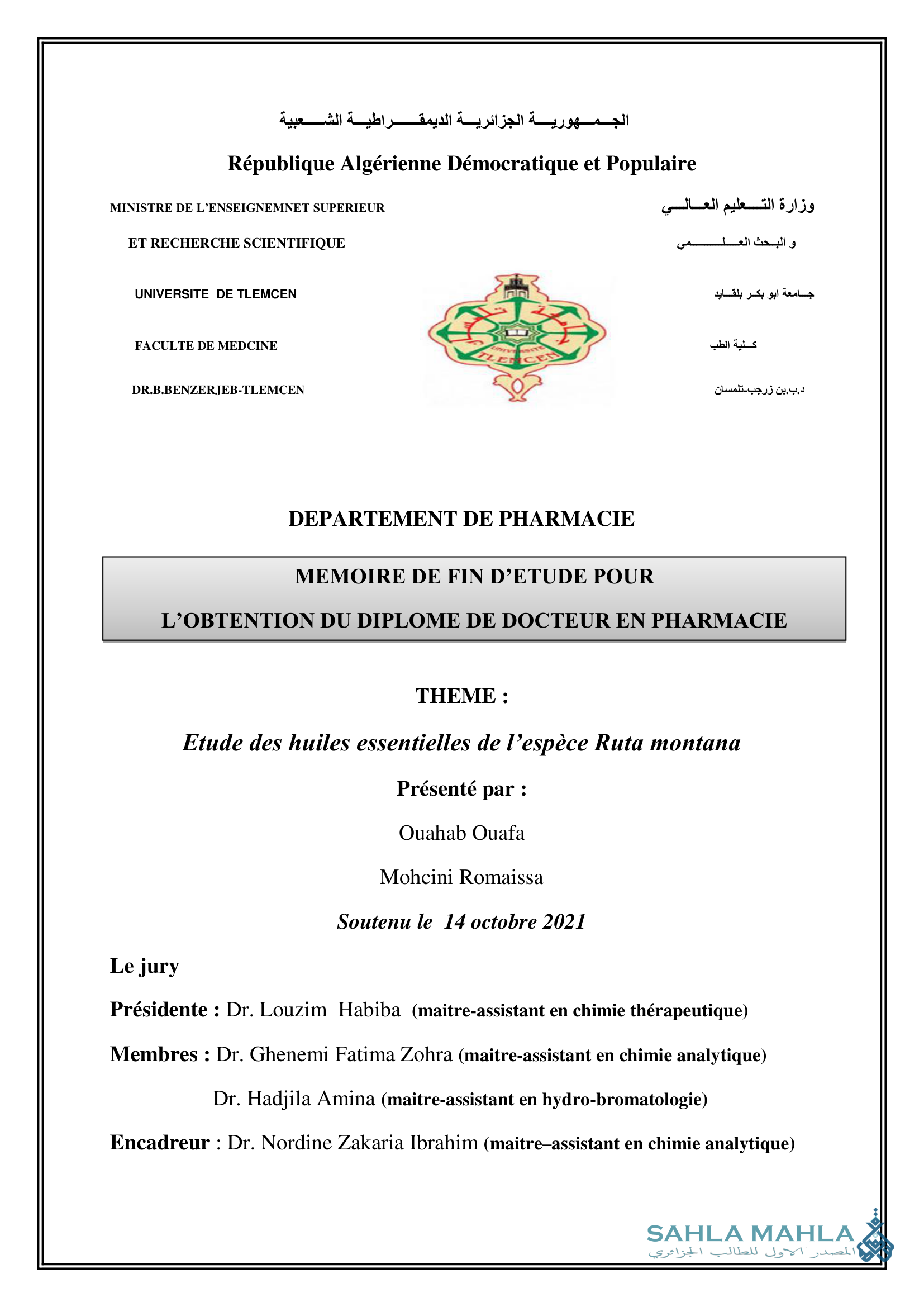 Etude des huiles essentielles de l'espèce Ruta montana