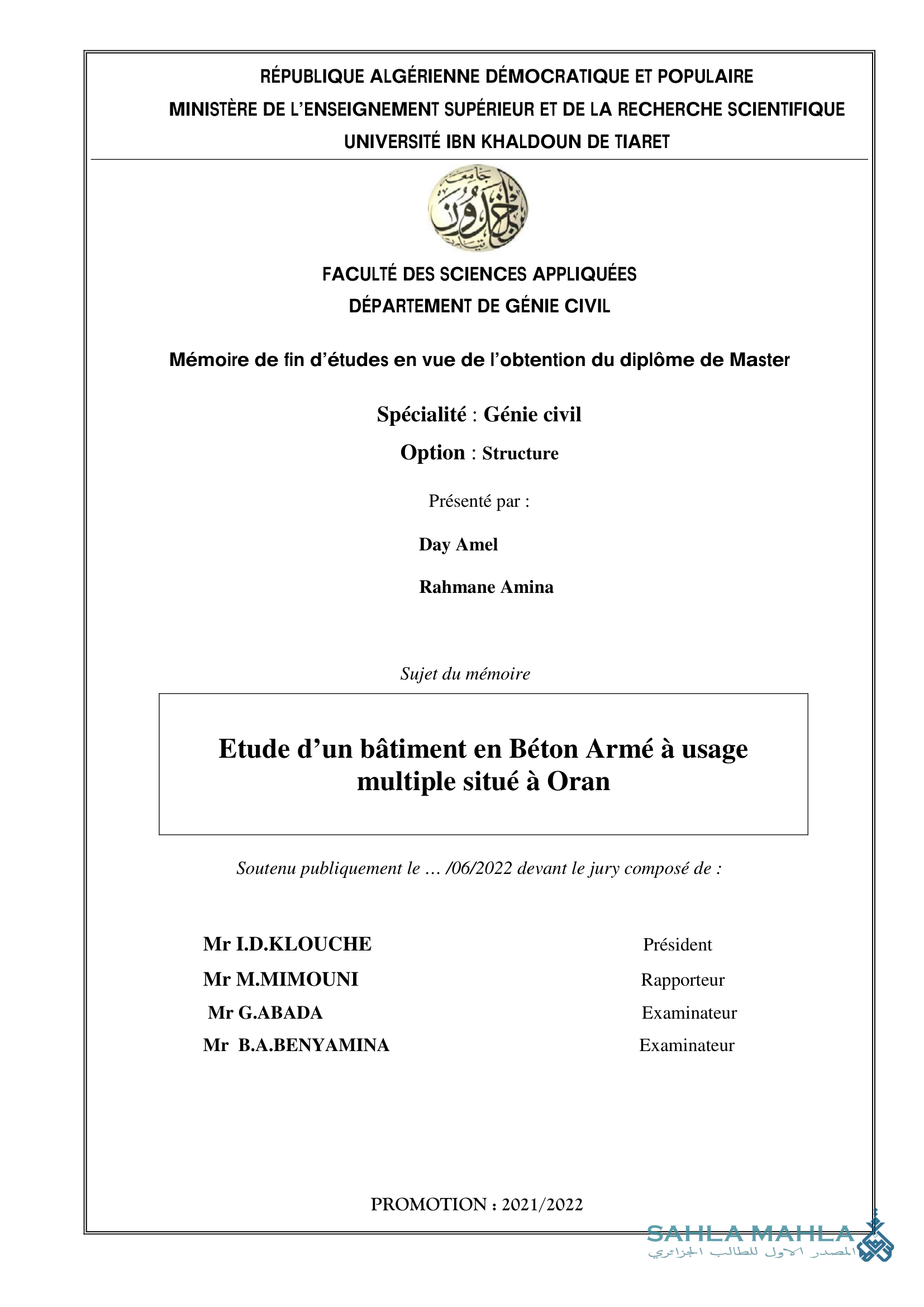 Etude d'un bâtiment en Béton Armé à usage multiple situé à Oran