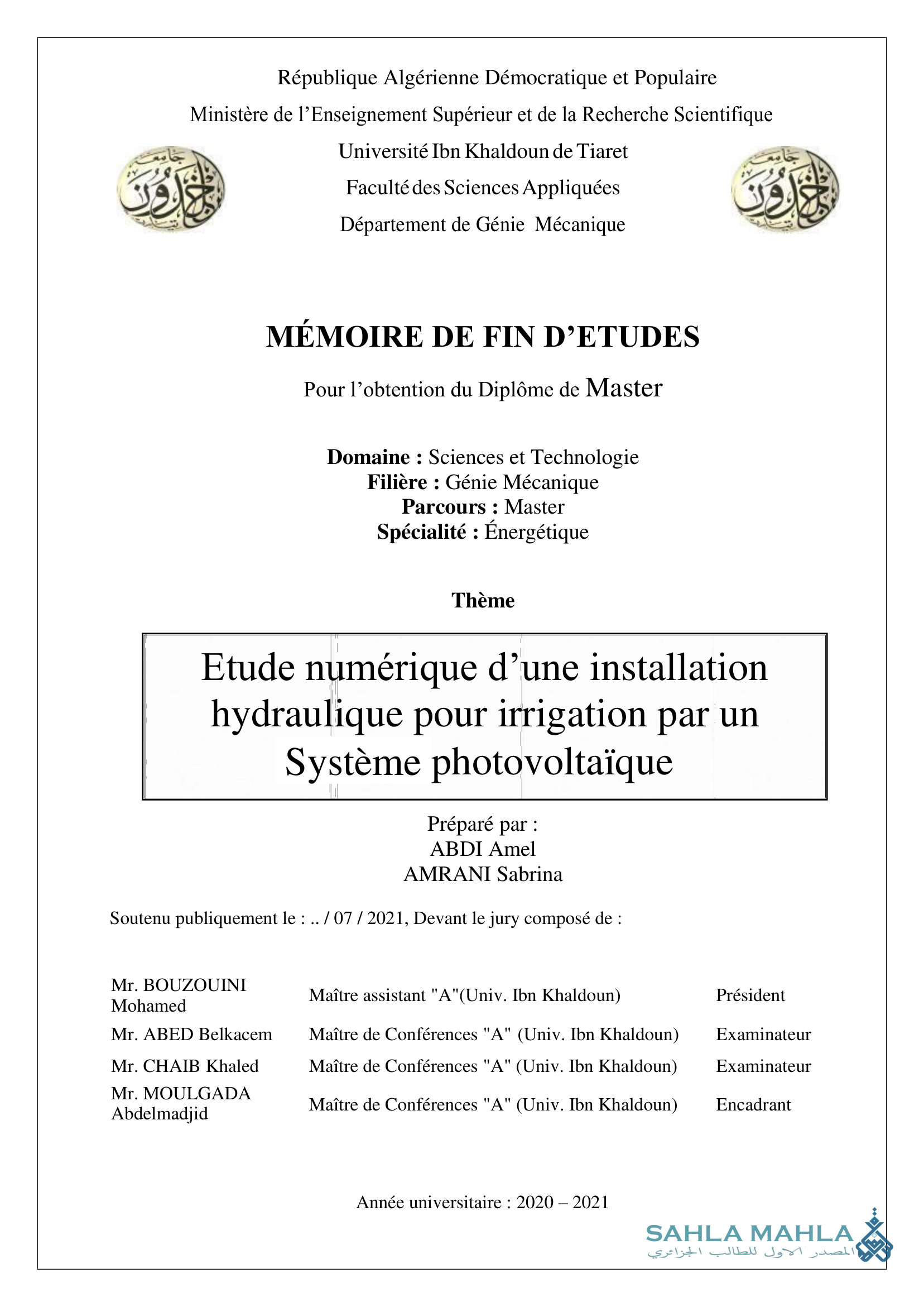 Etude numérique d'une installation hydraulique pour irrigation par un Système photovoltaïque