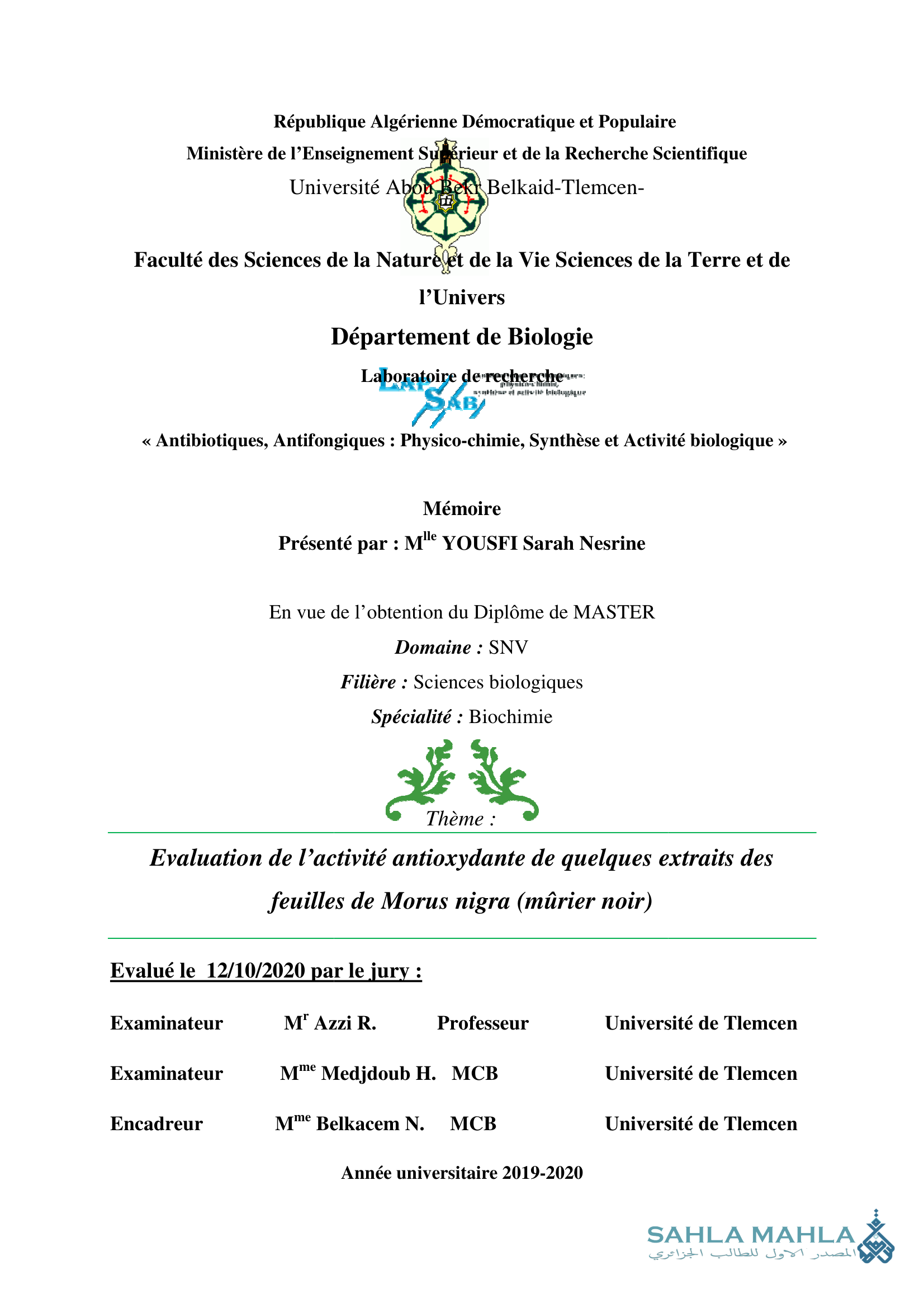 Evaluation de l'activité antioxydante de quelques extraits des feuilles de Morus nigra (mûrier noir)