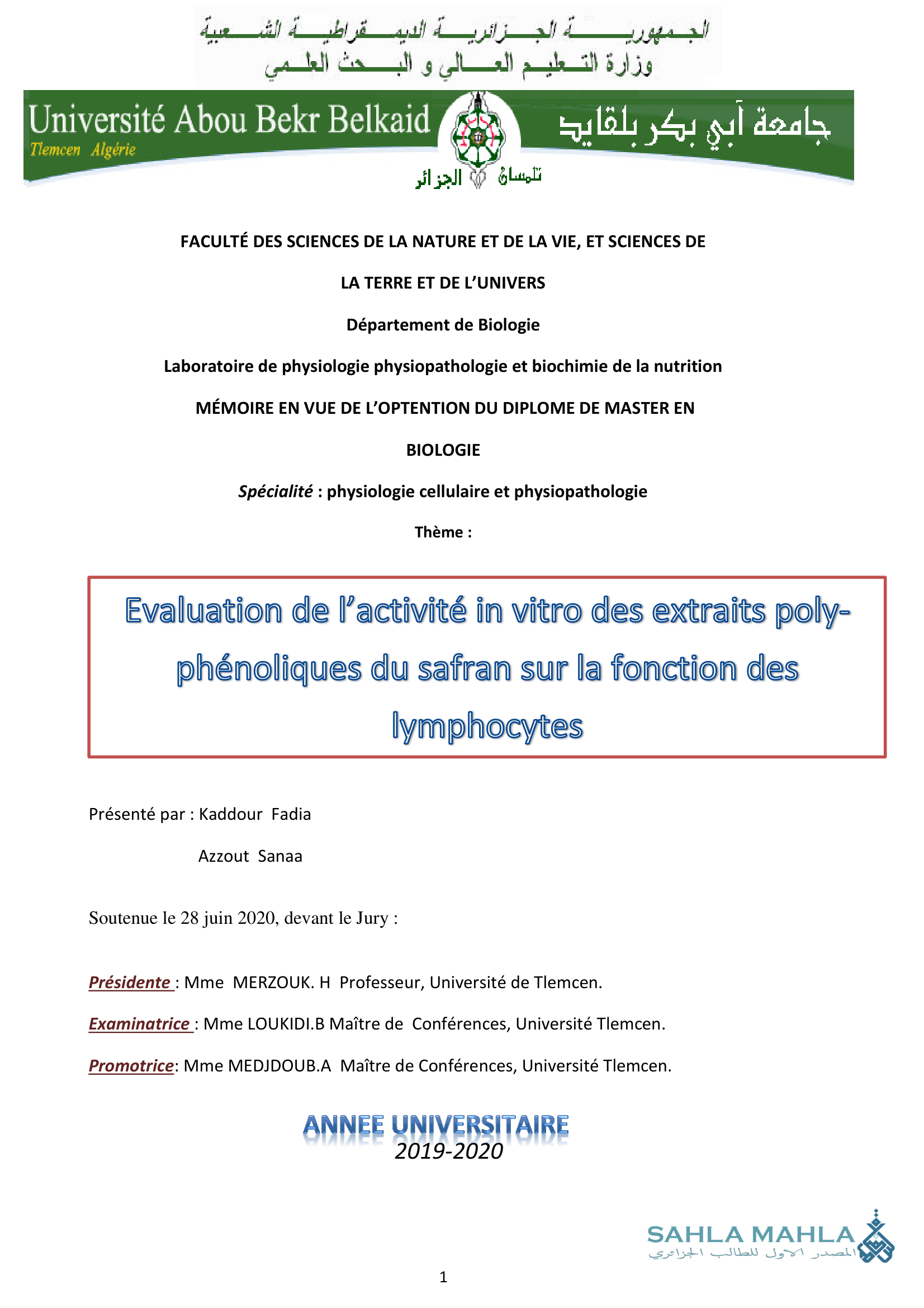 Evaluation de l'activité in vitro des extraits poly- phénoliques du safran sur la fonction des lymphocytes