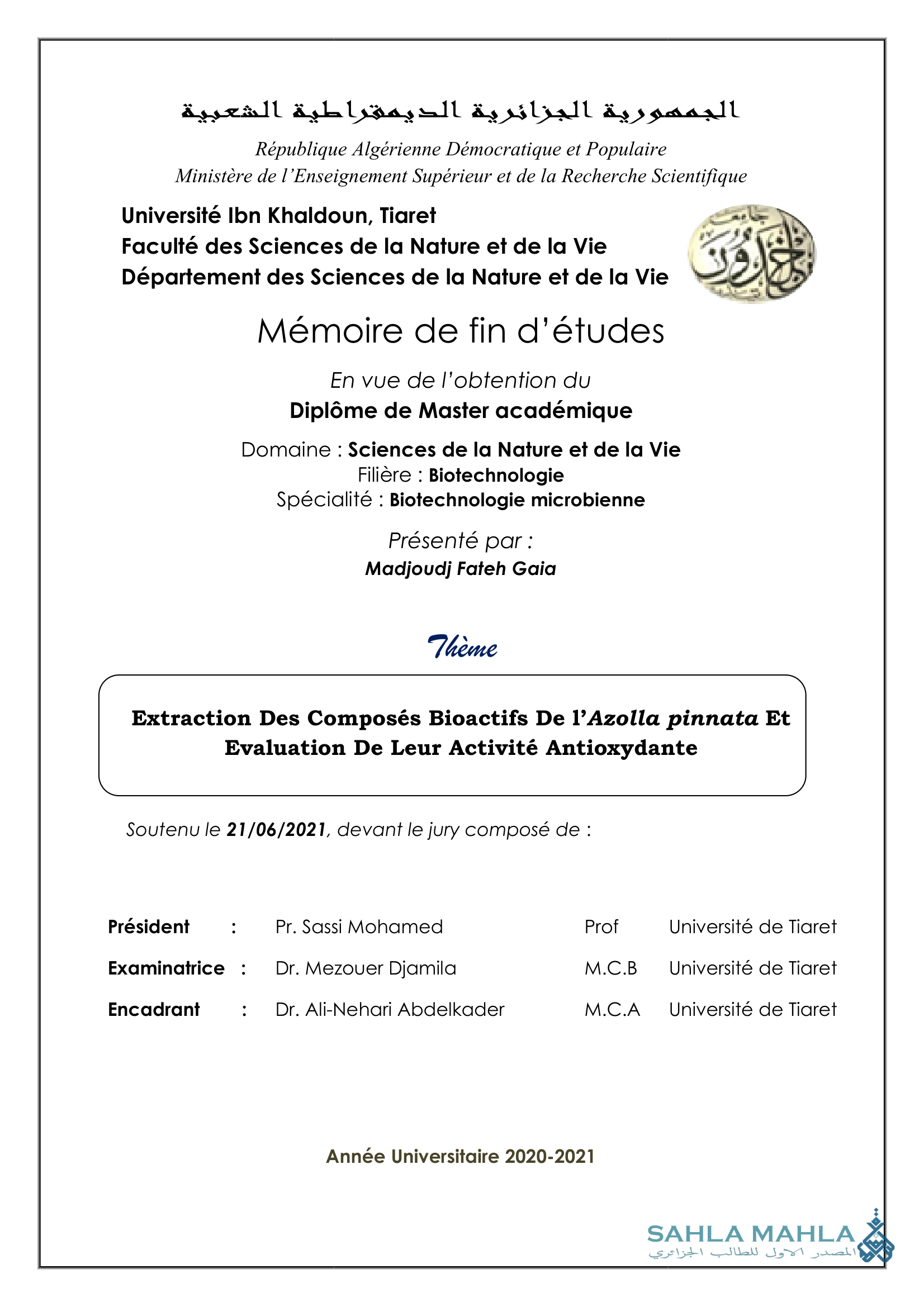 Extraction Des Composés Bioactifs De l'Azolla pinnata Et Evaluation De Leur Activité Antioxydante