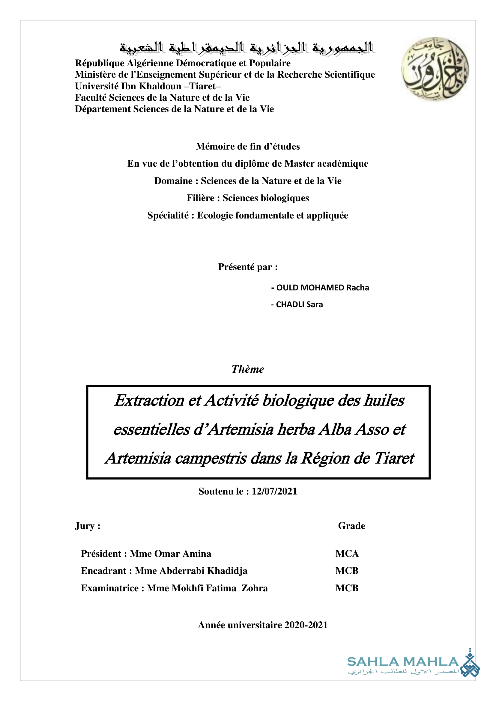 Extraction et Activité biologique des huiles essentielles d'Artemisia herba Alba Asso et Artemisia campestris dans la Région de Tiaret
