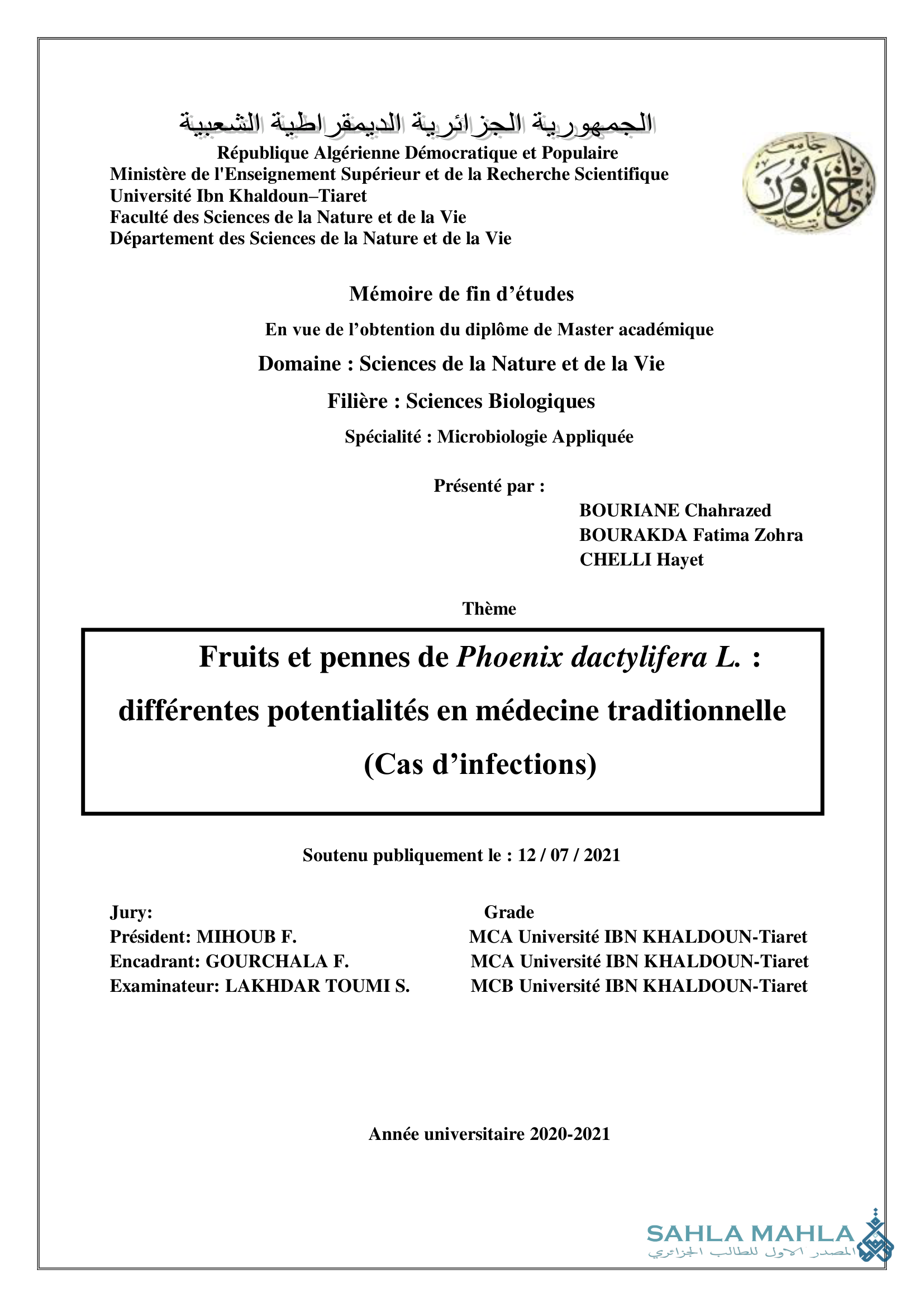 Fruits et pennes de Phoenix dactylifera L. : différentes potentialités en médecine traditionnelle (Cas d'infections)