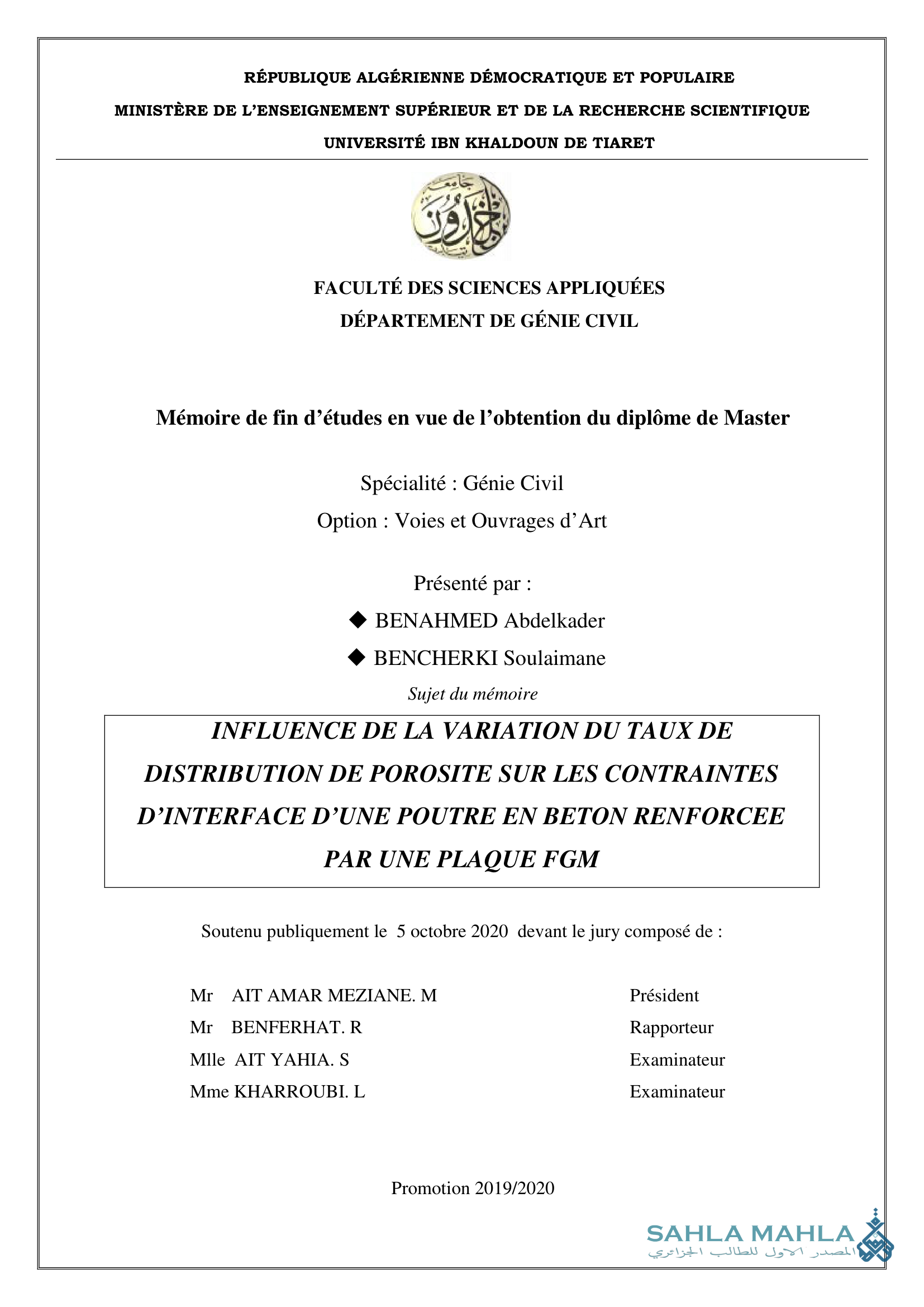INFLUENCE DE LA VARIATION DU TAUX DE DISTRIBUTION DE POROSITE SUR LES CONTRAINTES D'INTERFACE D'UNE POUTRE EN BETON RENFORCEE PAR UNE PLAQUE FGM