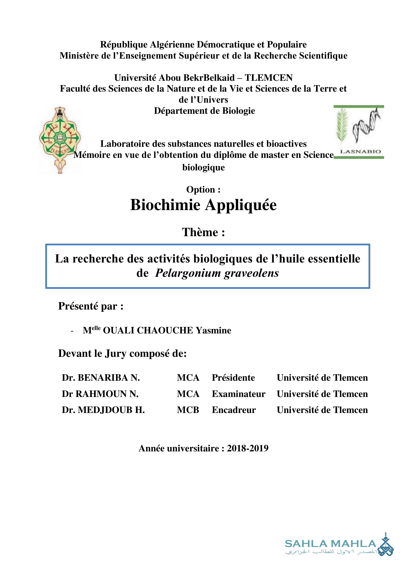 LASNABIO La recherche des activités biologiques de l'huile essentielle de Pelargonium graveolens