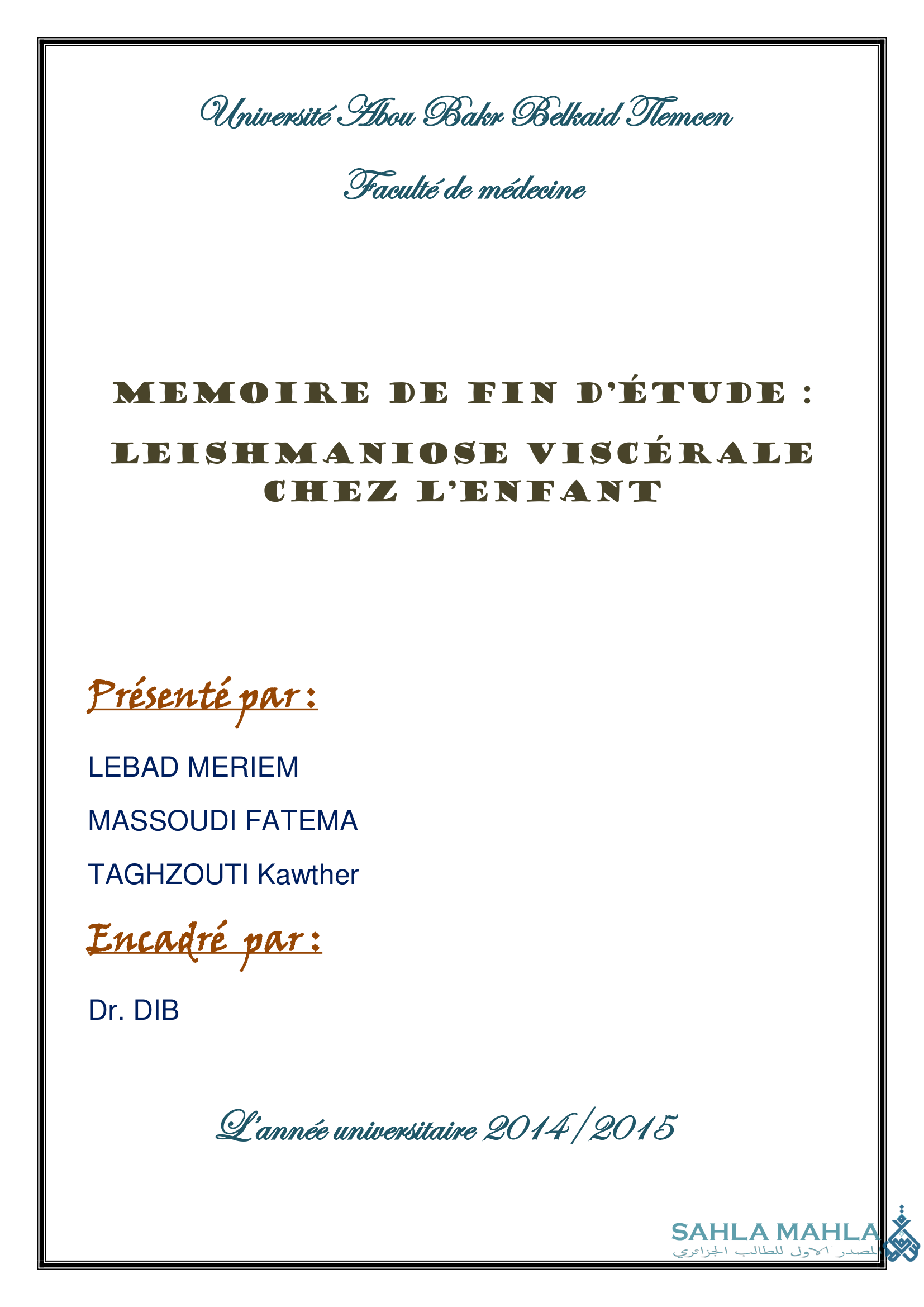 LEISHMANIOSE VISCERALE CHEZ L'ENFANT