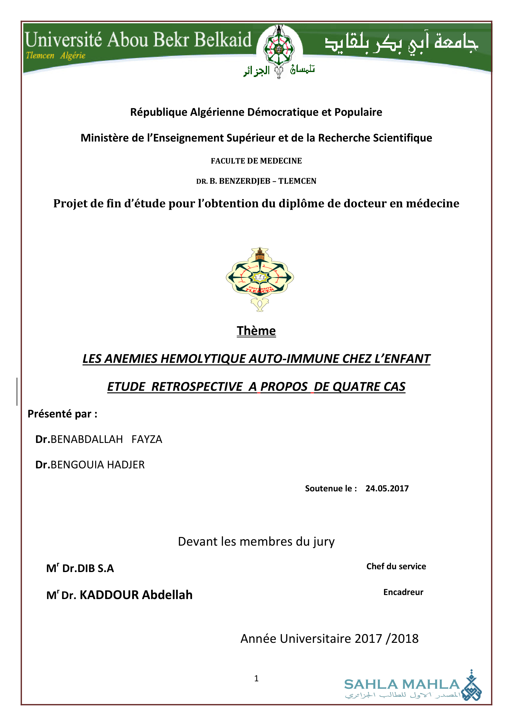 LES ANEMIES HEMOLYTIQUE AUTO-IMMUNE CHEZ L'ENFANT