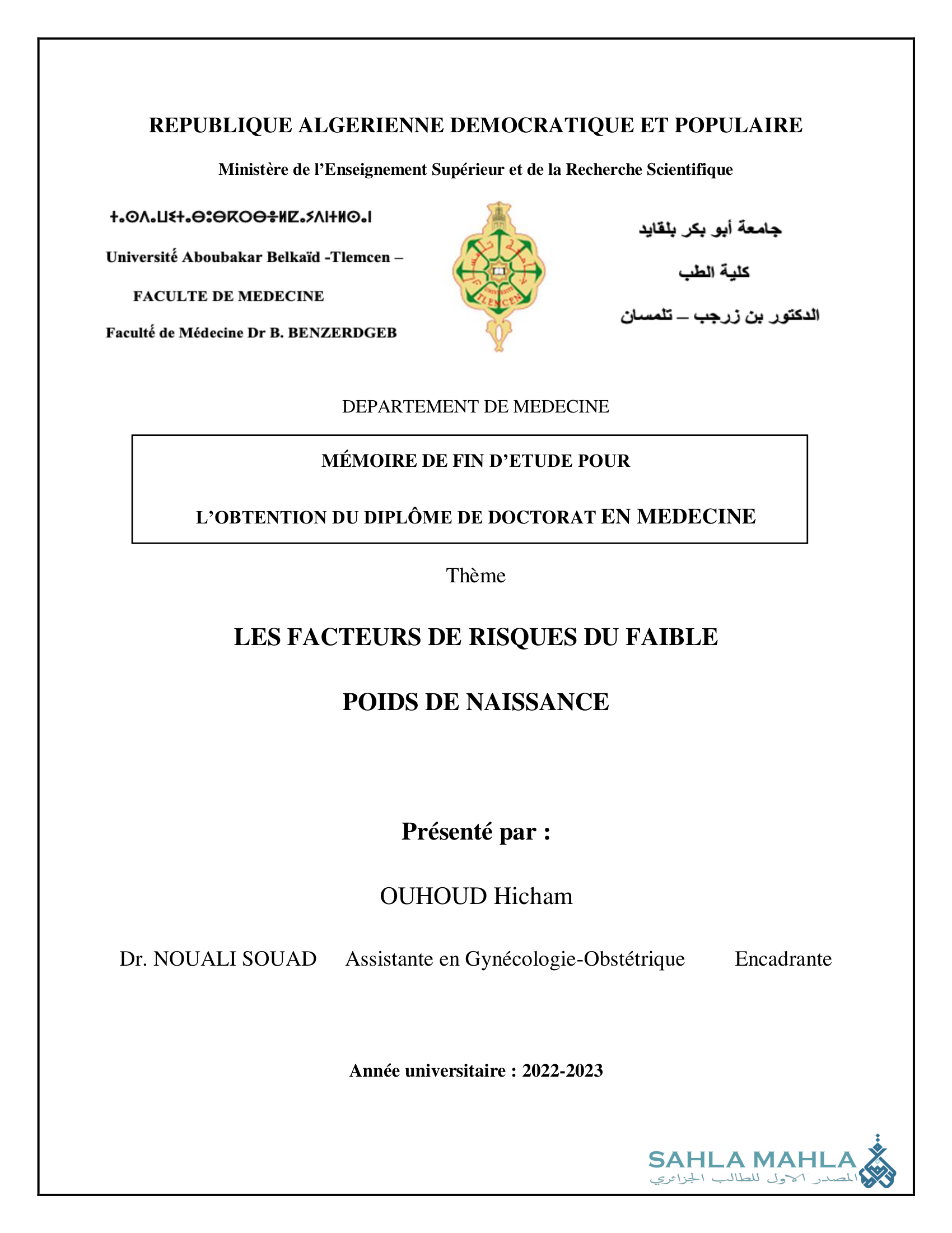 LES FACTEURS DE RISQUES DU FAIBLE POIDS DE NAISSANCE