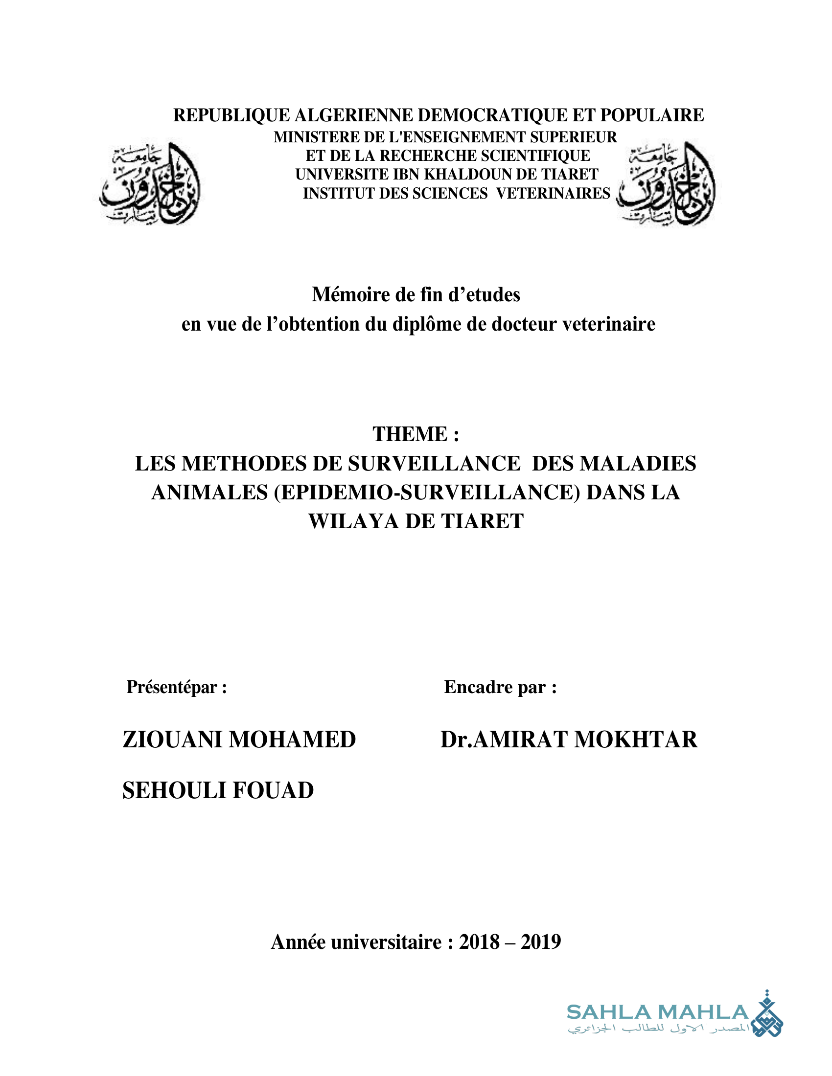 LES METHODES DE SURVEILLANCE DES MALADIES ANIMALES (EPIDEMIO-SURVEILLANCE) DANS LA WILAYA DE TIARET