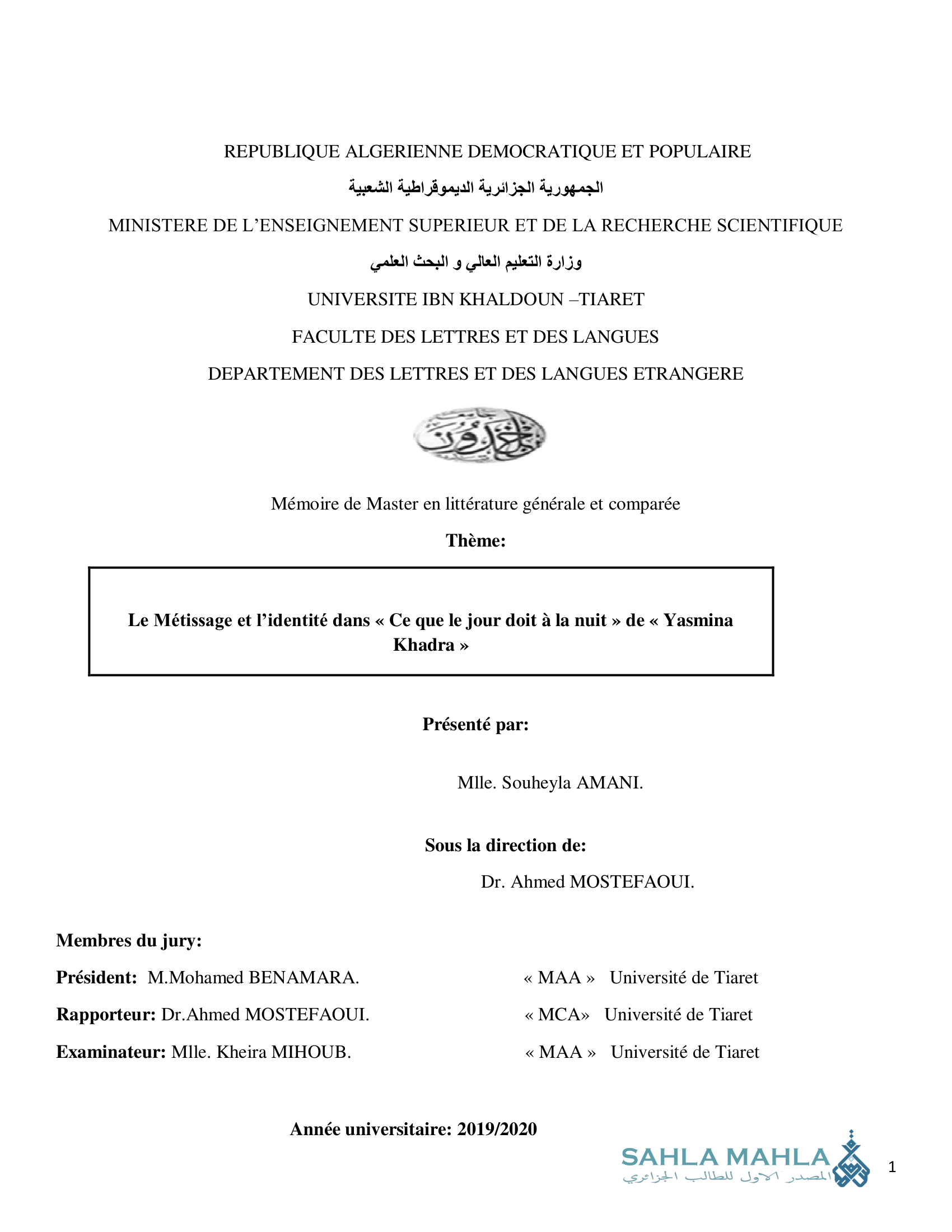 Le Métissage et l'identité dans « Ce que le jour doit à la nuit » de « Yasmina Khadra »