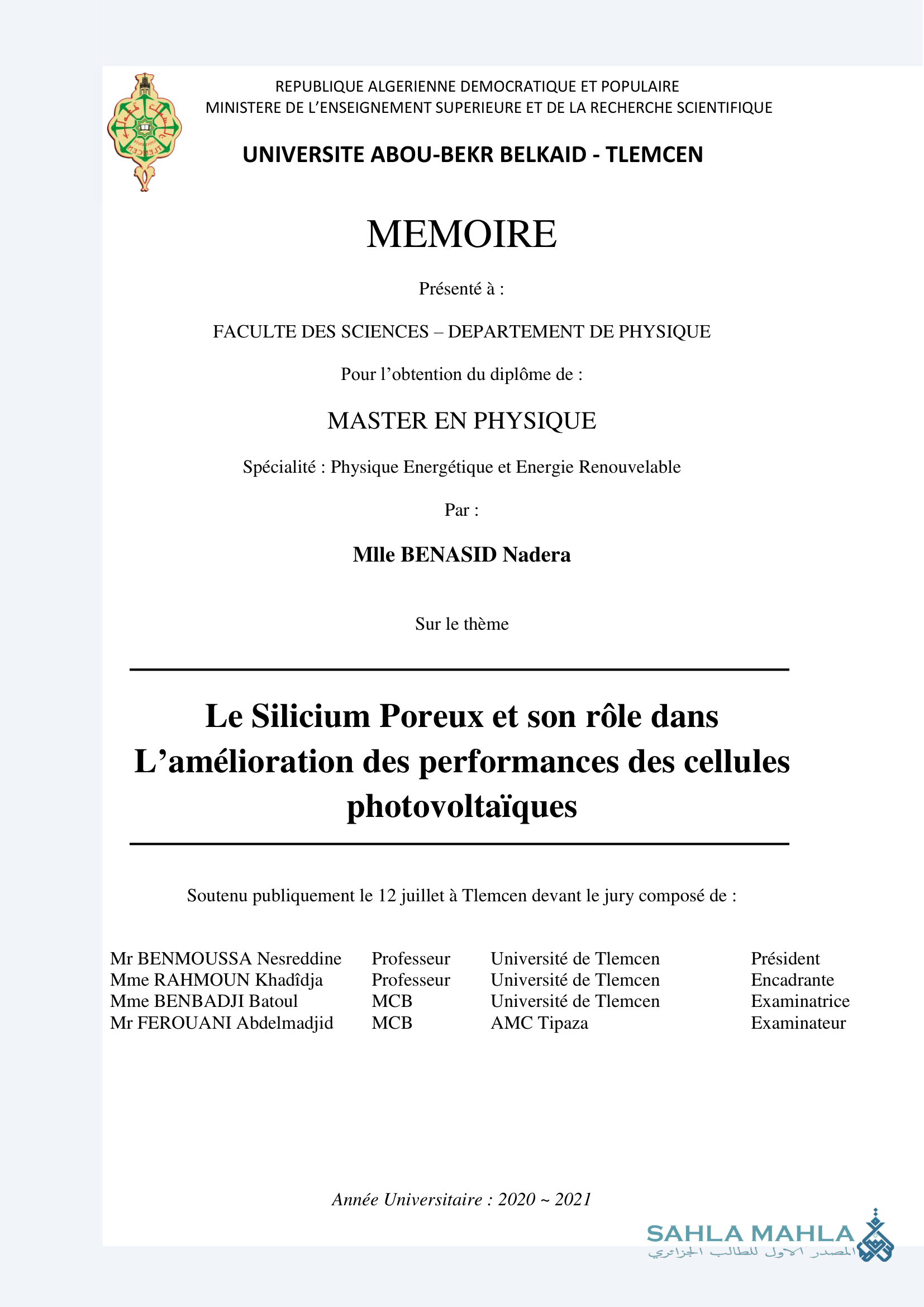 Le Silicium Poreux et son rôle dans L'amélioration des performances des cellules photovoltaïques