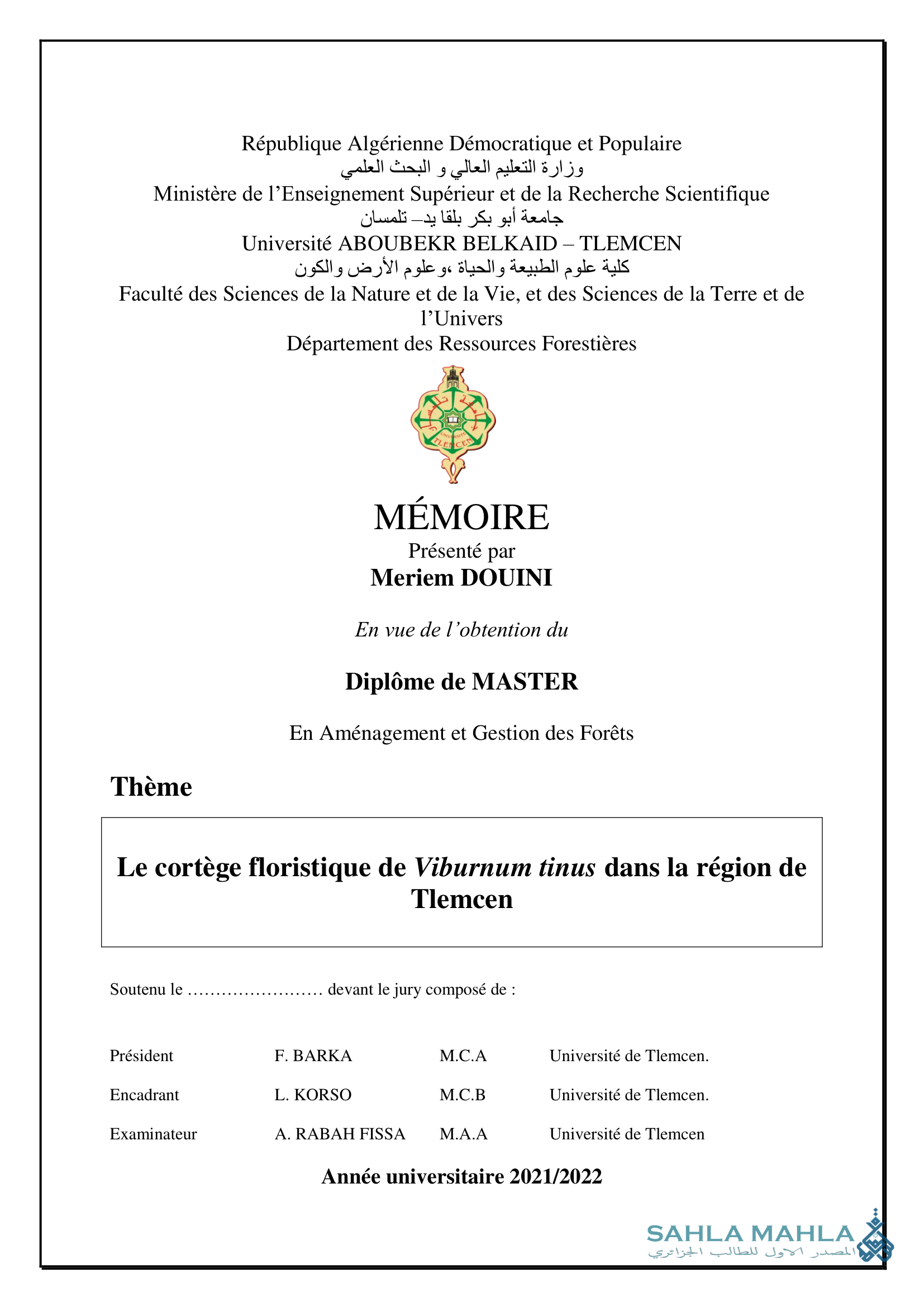 Le cortège floristique de Viburnum tinus dans la région de Tlemcen