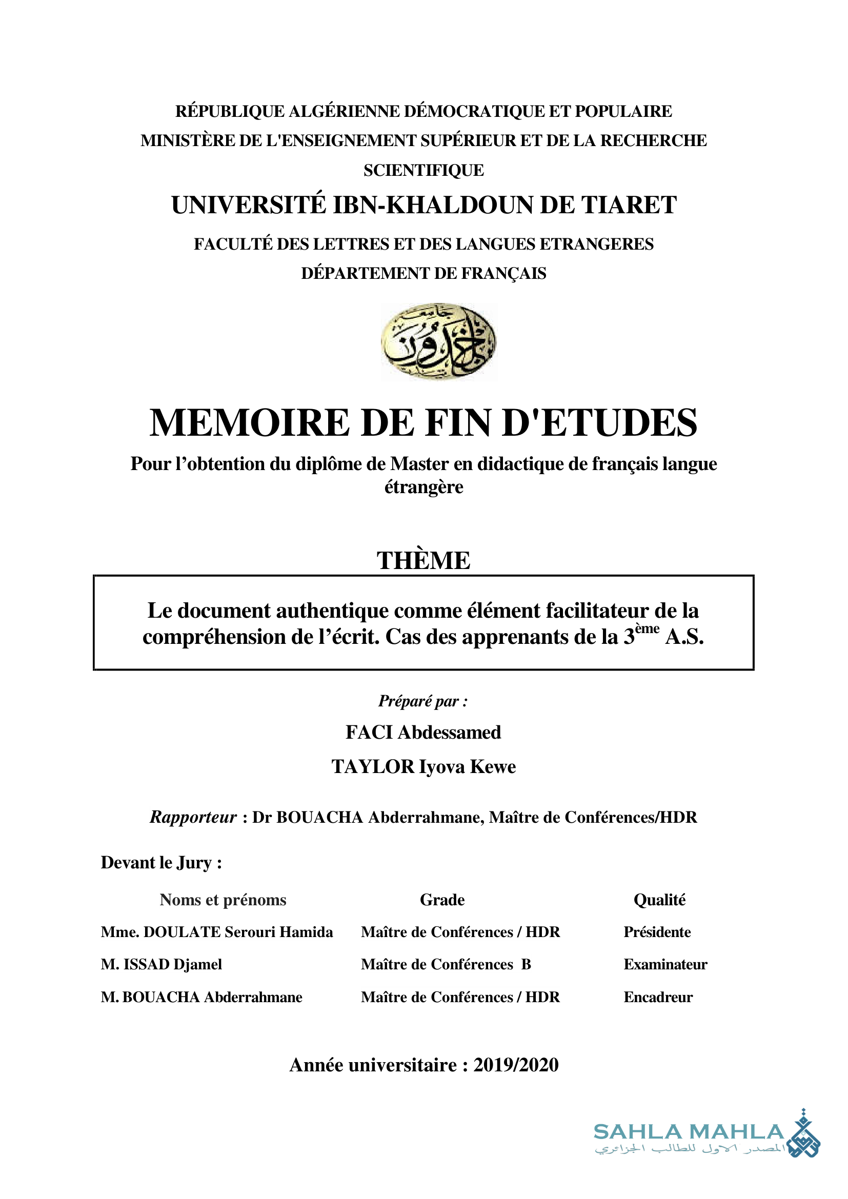 Le document authentique comme élément facilitateur de la compréhension de l'écrit. Cas des apprenants de la 3a