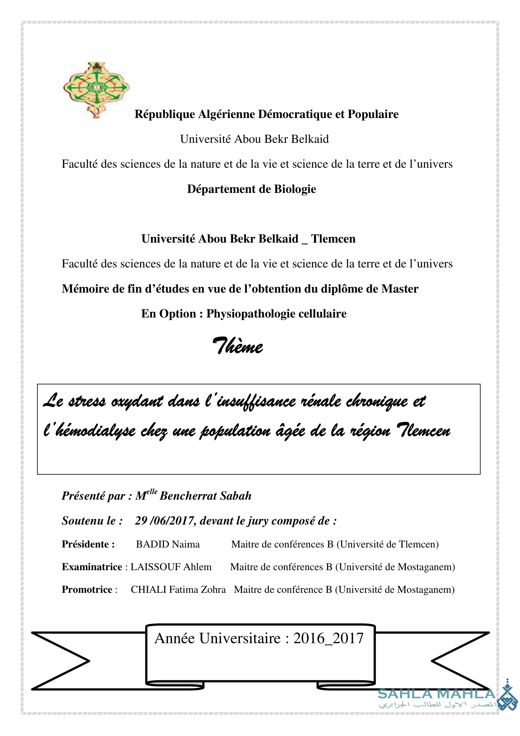 Le stress oxydant dans l'insuffisance rénale chronique et l'hémodialyse chez une population âgée de la région Tlemcen