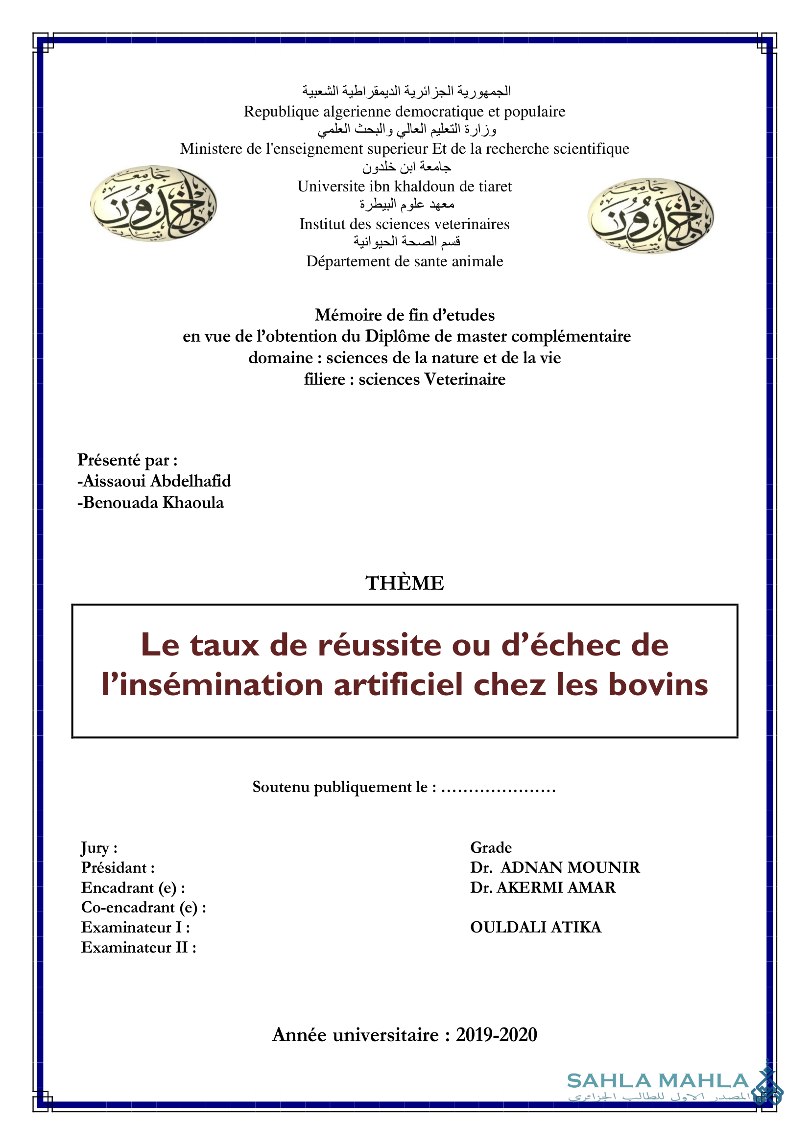 Le taux de réussite ou d'échec de l'insémination artificiel chez les bovins