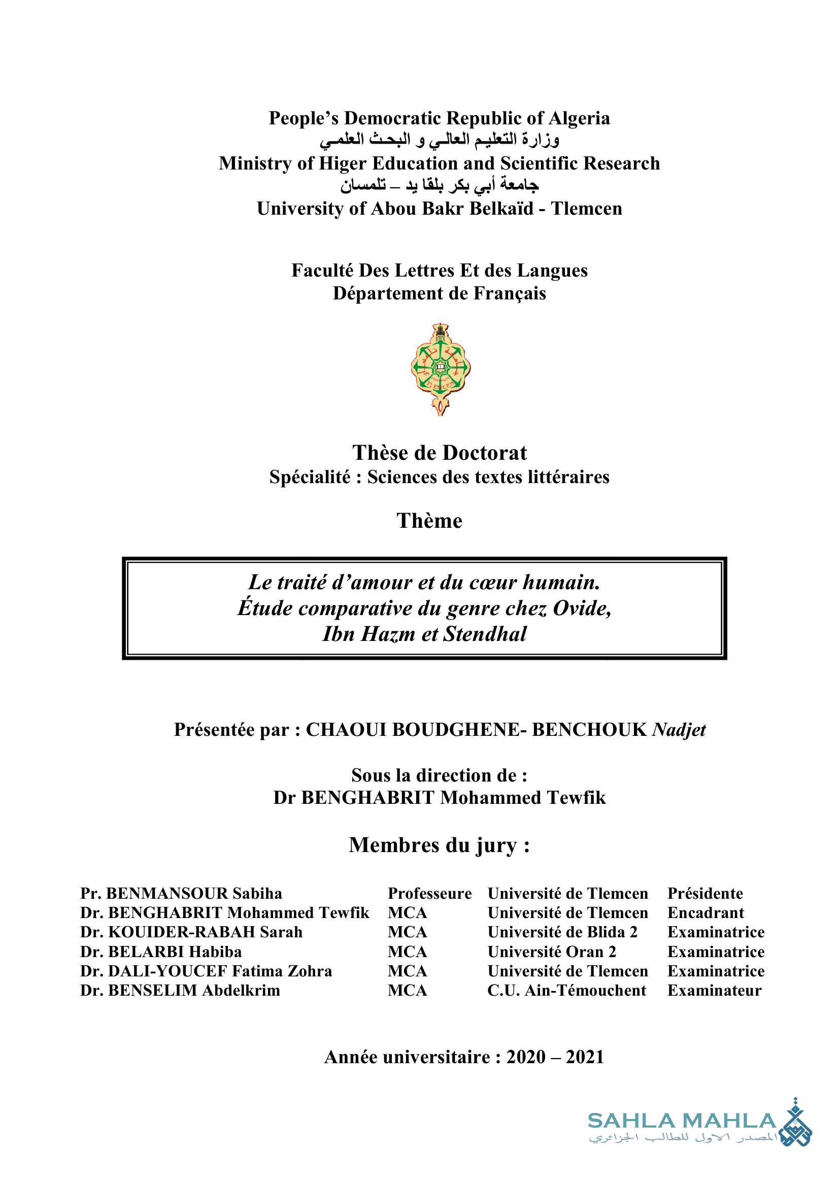 Le traité d'amour et du cœur humain. Étude comparative du genre chez Ovide, Ibn Hazm et Stendhal