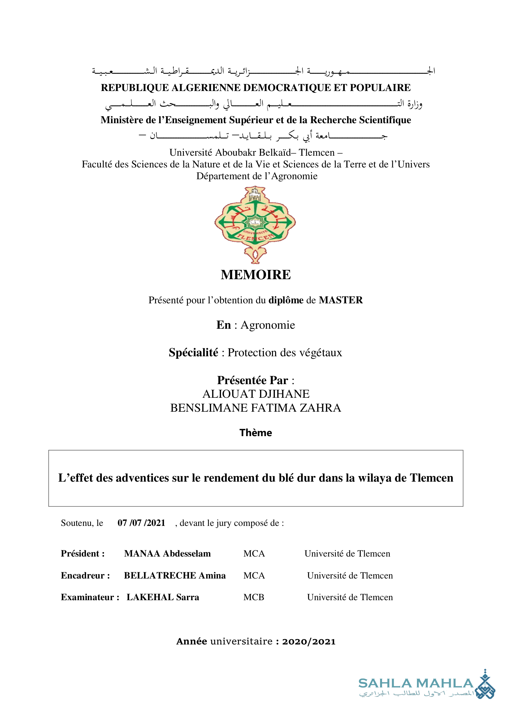 L'effet des adventices sur le rendement du blé dur dans la wilaya de Tlemcen