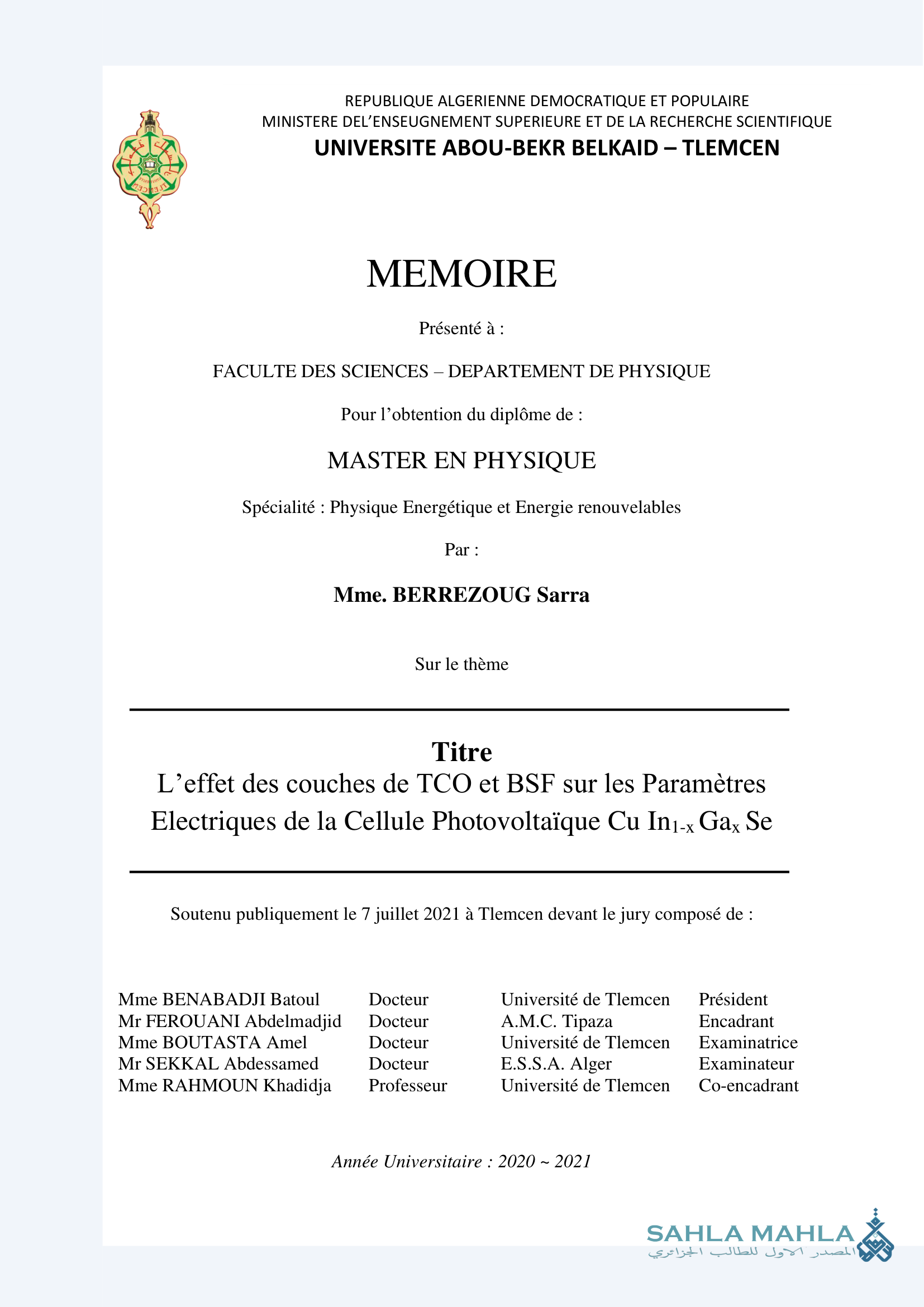 L'effet des couches de TCO et BSF sur les Paramètres Electriques de la Cellule Photovoltaïque Cu In1-x Gax Se