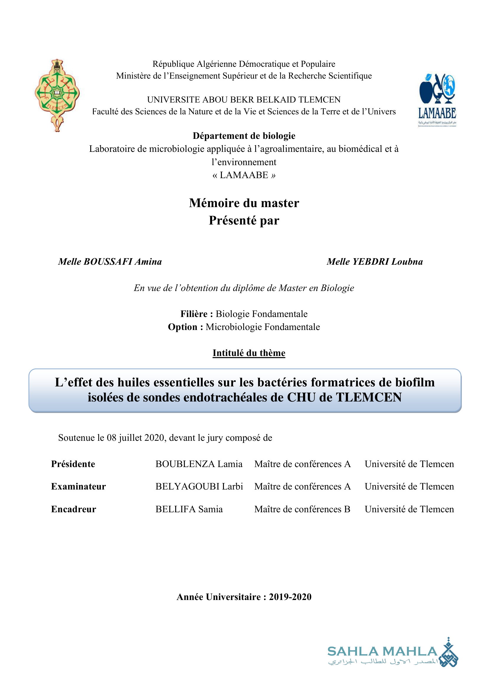 L'effet des huiles essentielles sur les bactéries formatrices de biofilm isolées de sondes endotrachéales de CHU de TLEMCEN