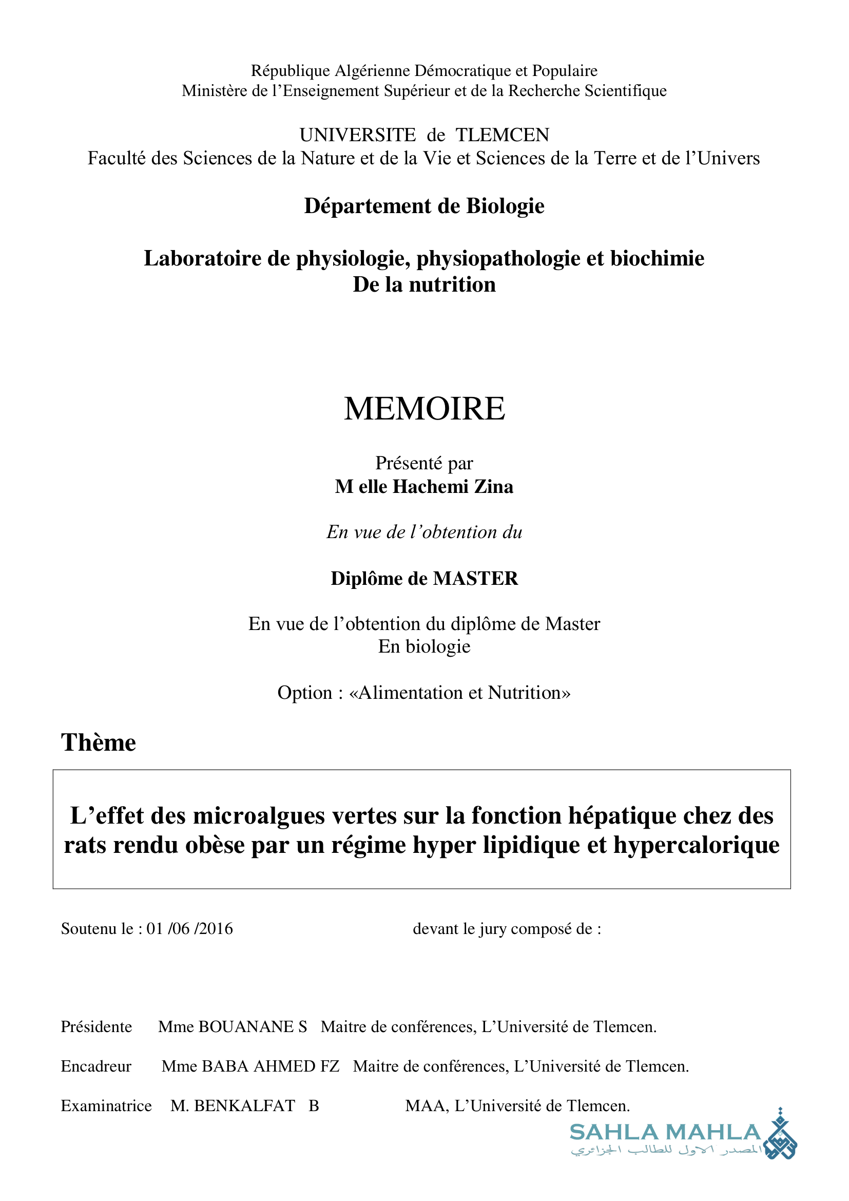 L'effet des microalgues vertes sur la fonction hépatique chez des rats rendu obèse par un régime hyper lipidique et hypercalorique