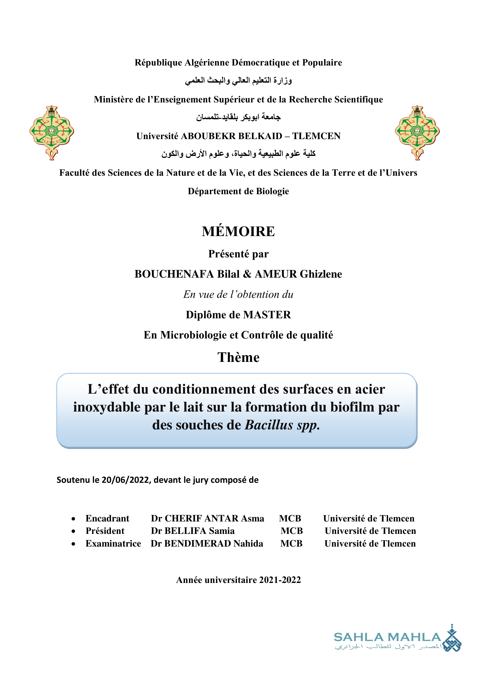 L'effet du conditionnement des surfaces en acier inoxydable par le lait sur la formation du biofilm par des souches de Bacillus spp.