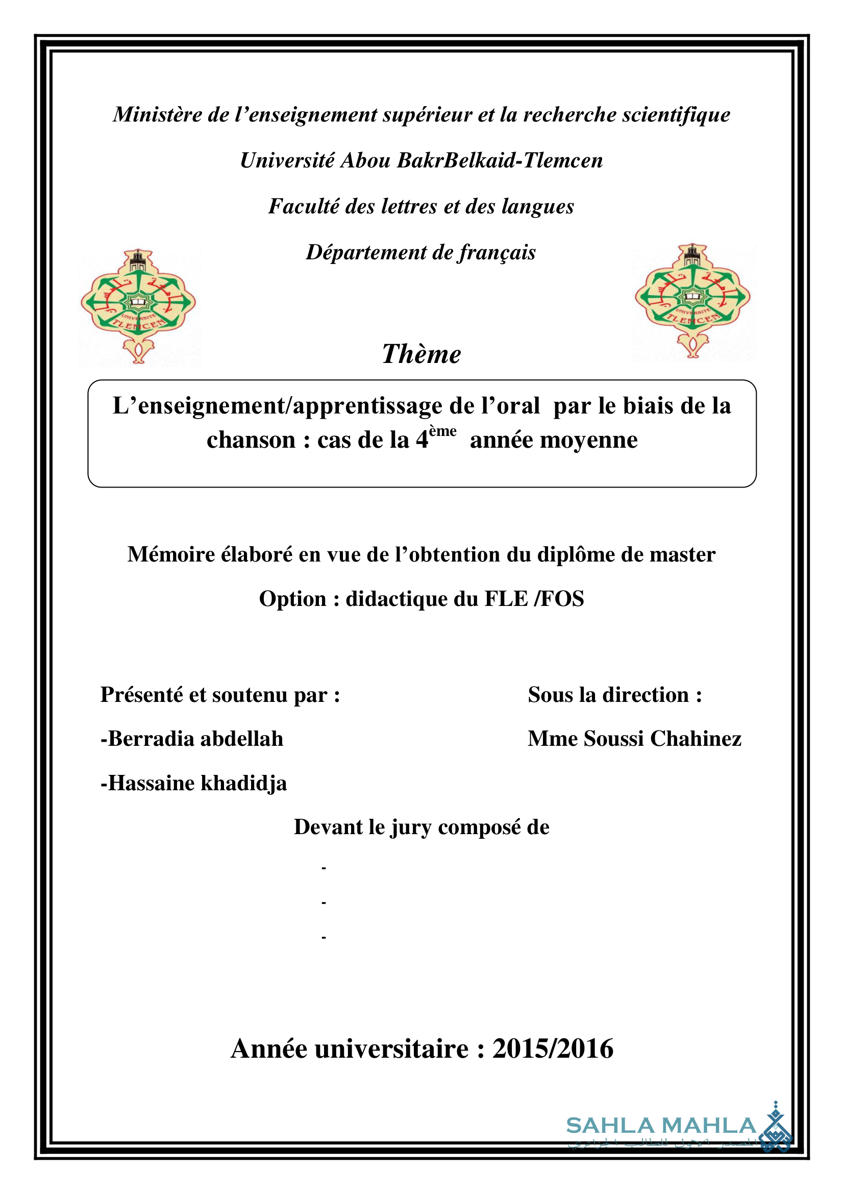 L'enseignement/apprentissage de l'oral par le biais de la chanson : cas de la 4ème année moyenne