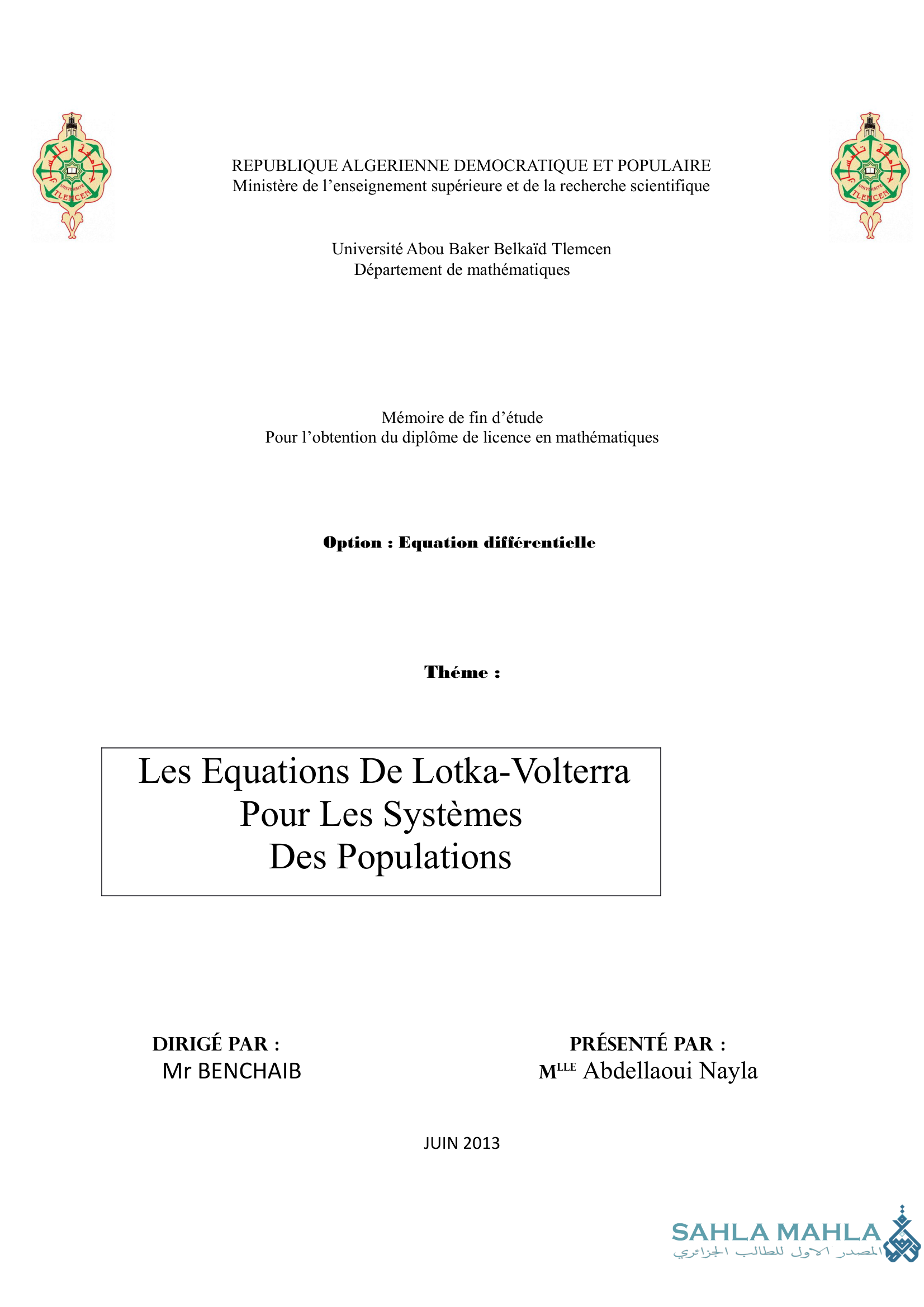 Les Equations De Lotka-Volterra Pour Les Systèmes Des Populations