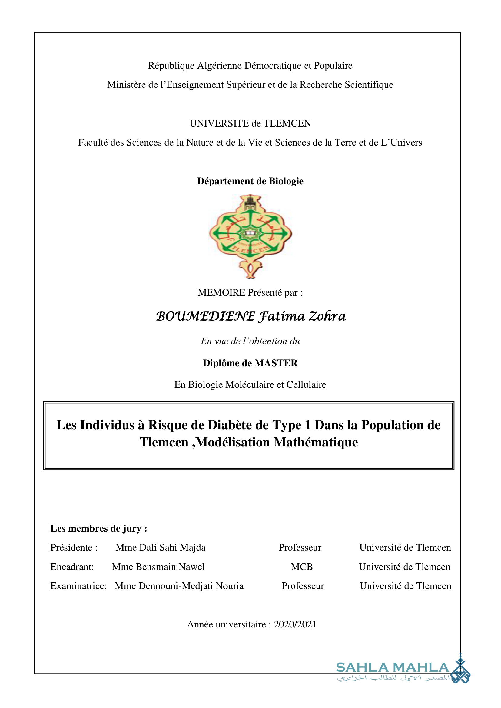 Les Individus à Risque de Diabète de Type 1 Dans la Population de Tlemcen,Modélisation Mathématique