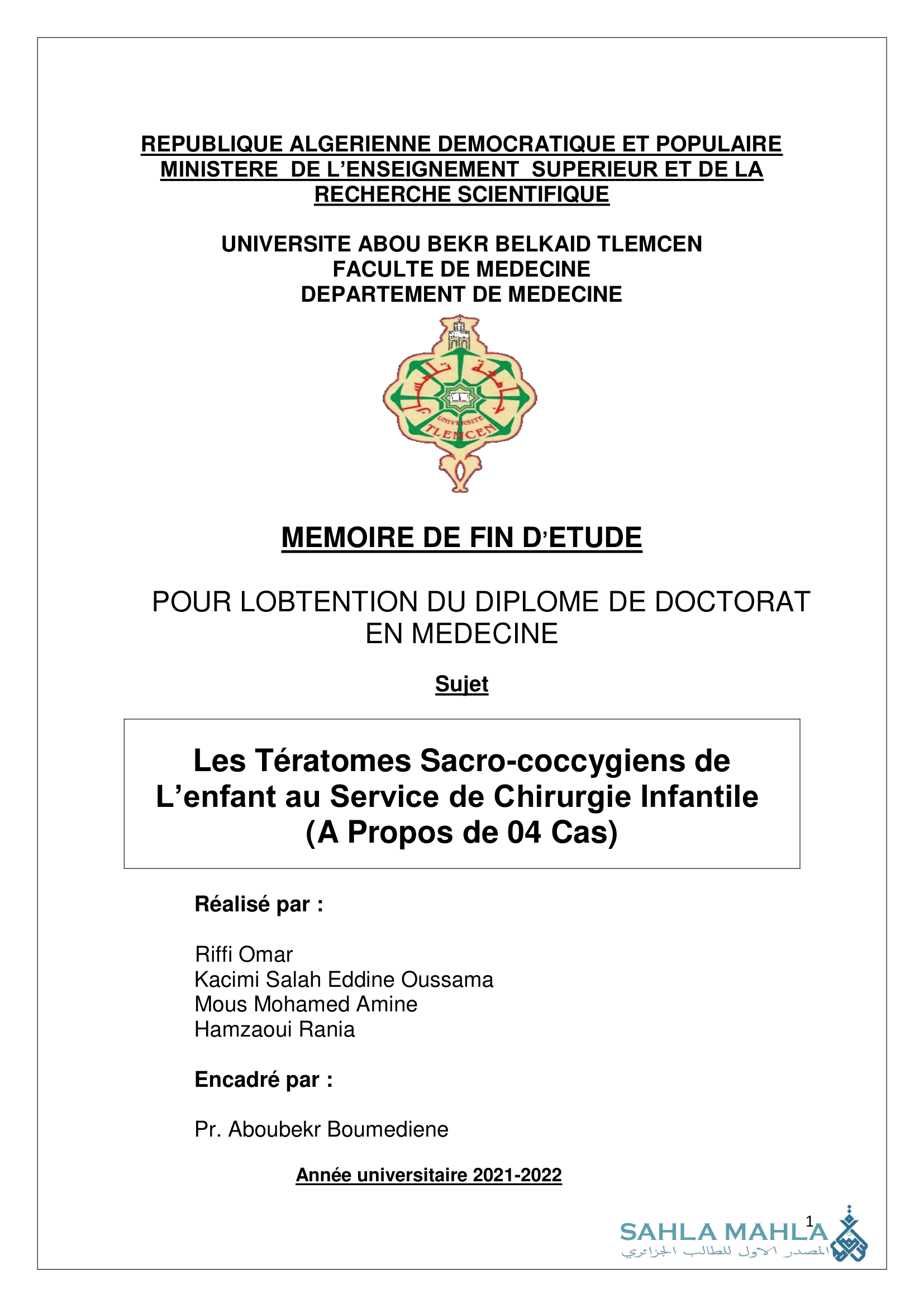 Les Tératomes Sacro-coccygiens de L'enfant au Service de Chirurgie Infantile (A Propos de 04 Cas)
