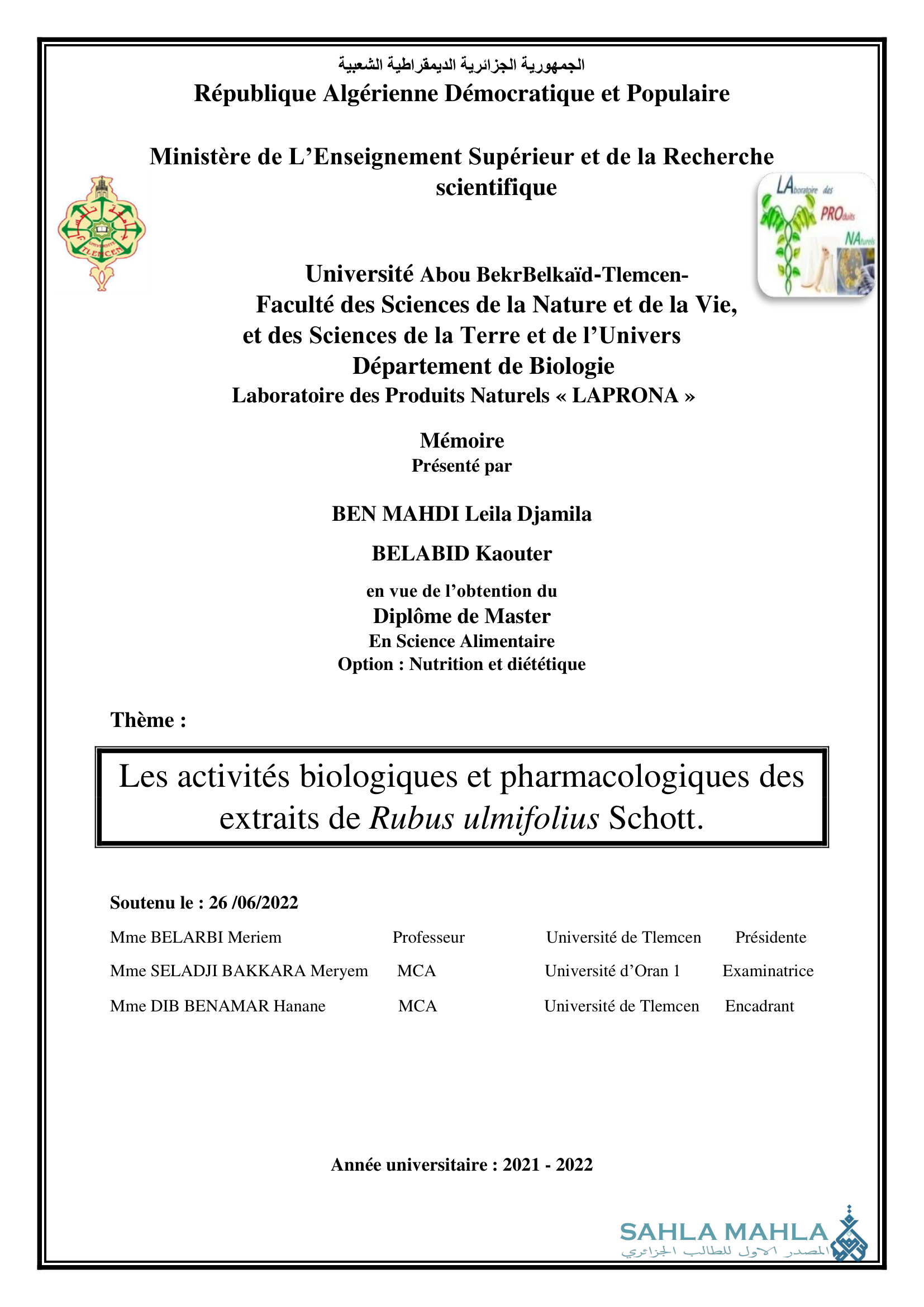 Les activités biologiques et pharmacologiques des extraits de Rubus ulmifolius Schott.