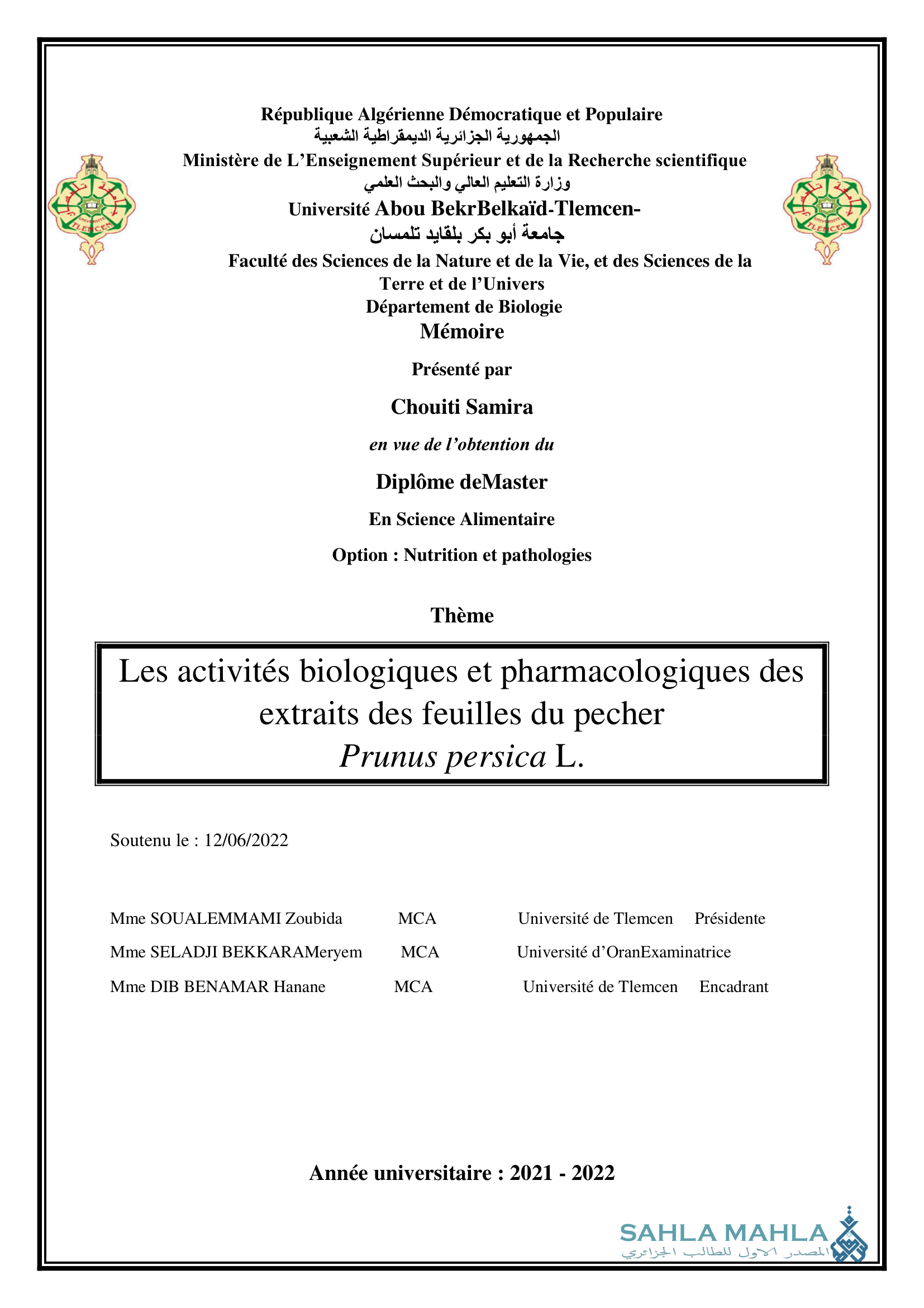 Les activités biologiques et pharmacologiques des extraits des feuilles du pecher Prunus persica L.