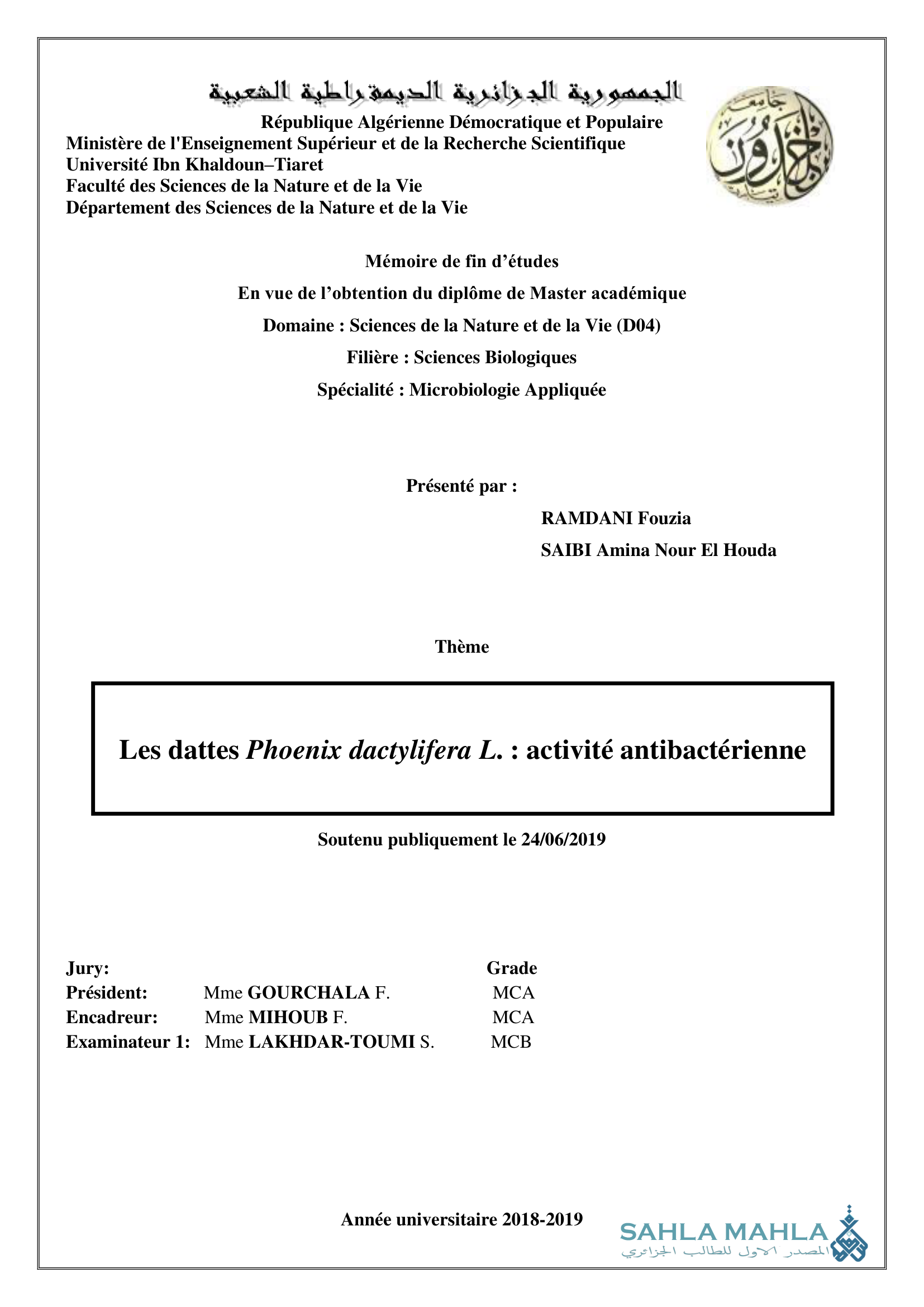 Les dattes Phoenix dactylifera L. : activité antibactérienne