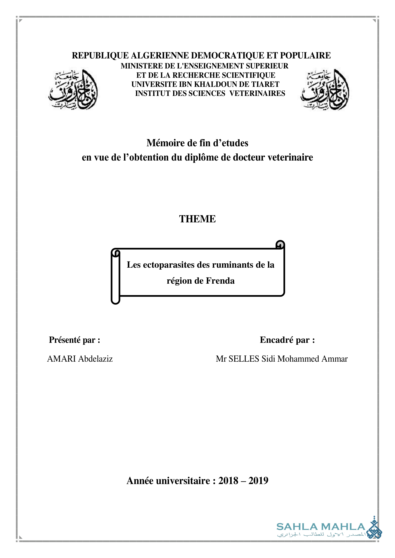 Les ectoparasites des ruminants de la région de Frenda