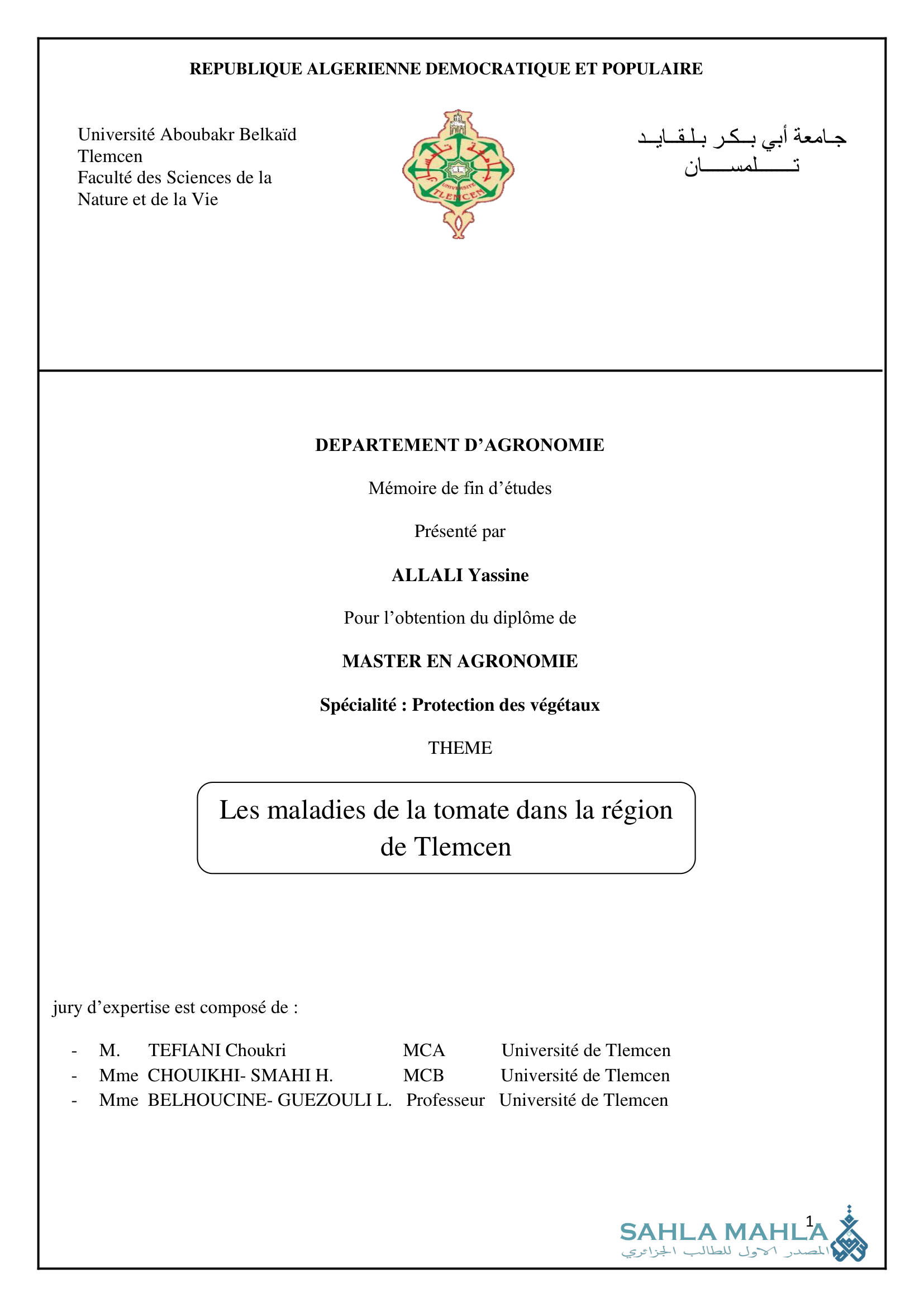 Les maladies de la tomate dans la région de Tlemcen