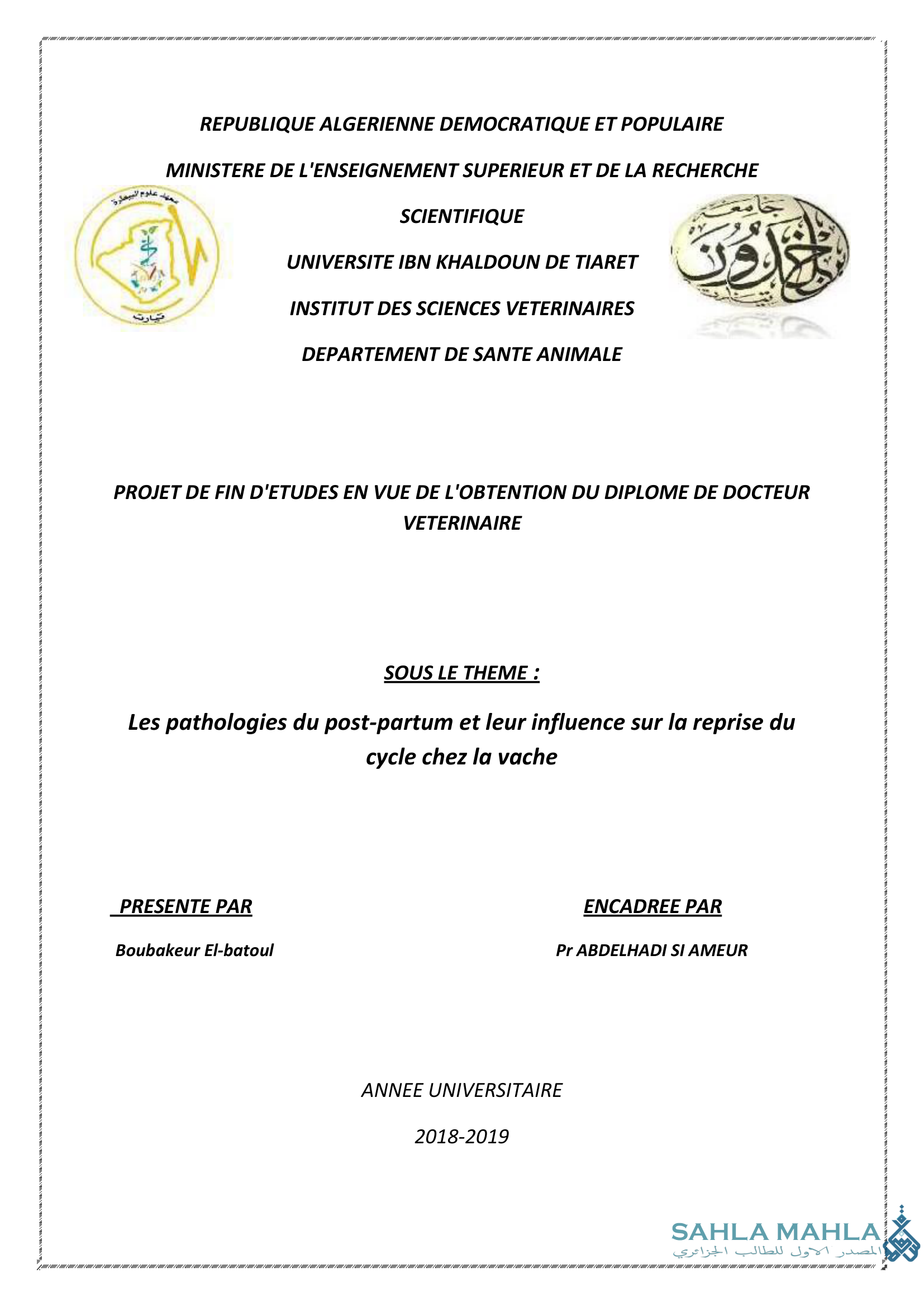 Les pathologies du post-partum et leur influence sur la reprise du cycle chez la vache