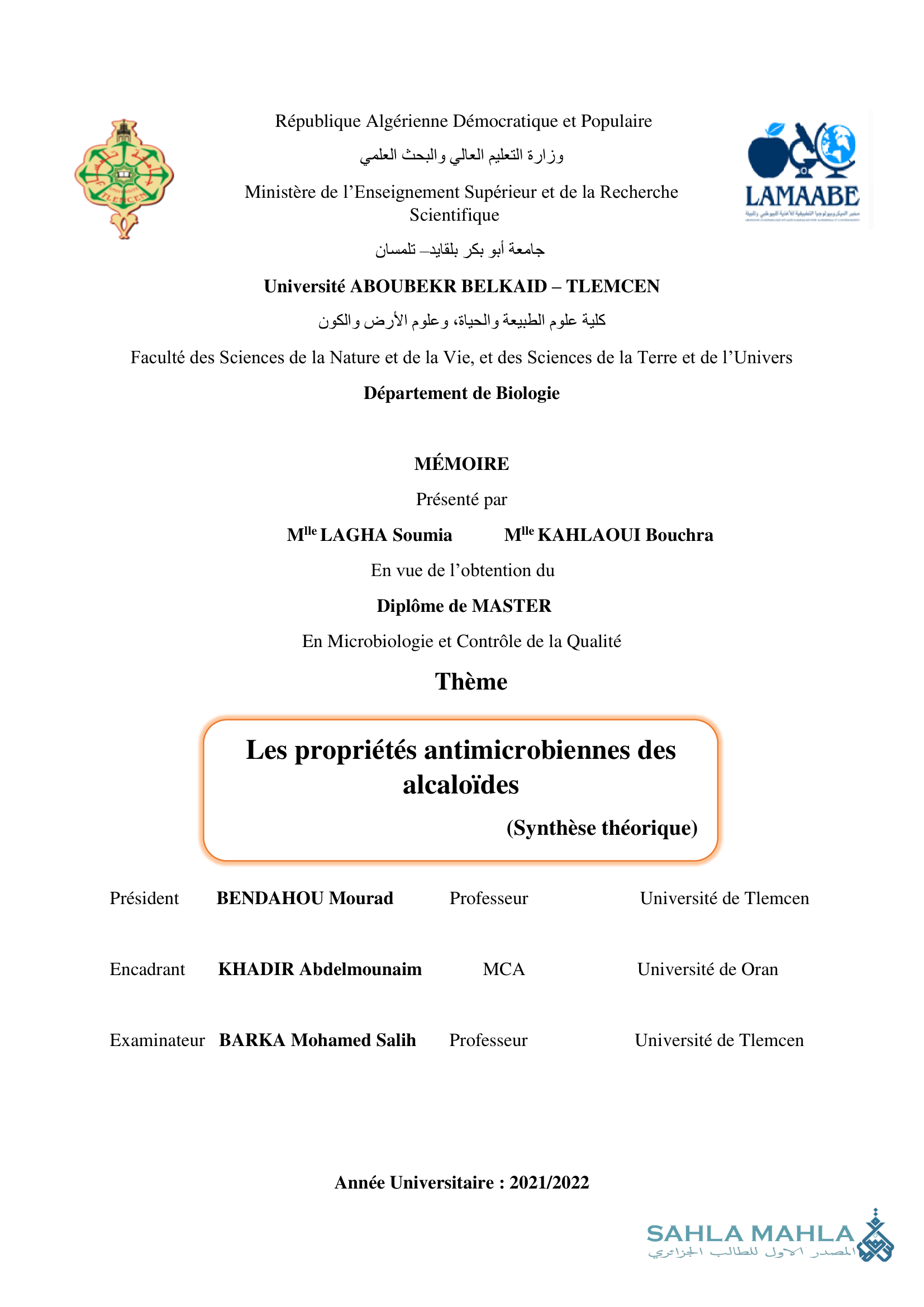 Les propriétés antimicrobiennes des alcaloïdes (Synthèse théorique)