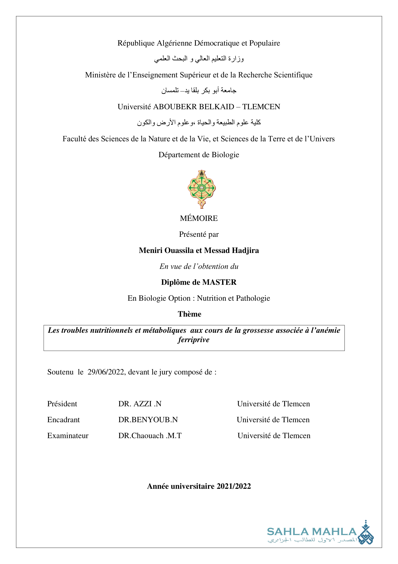 Les troubles nutritionnels et métaboliques aux cours de la grossesse associée à l'anémie ferriprive