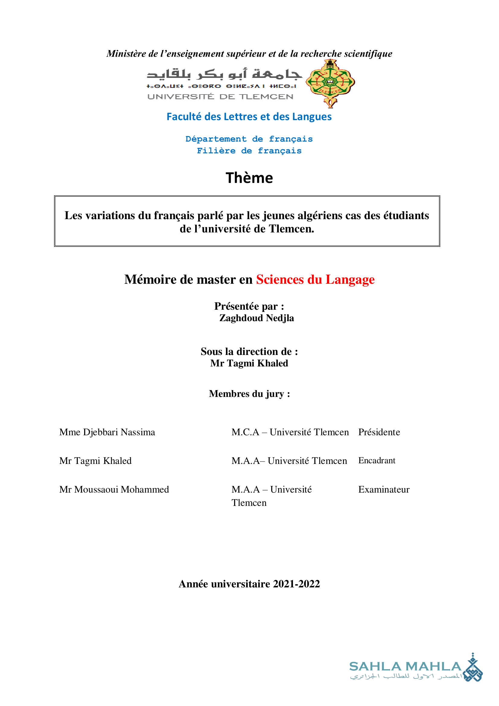 Les variations du français parlé par les jeunes algériens cas des étudiants de l'université de Tlemcen.