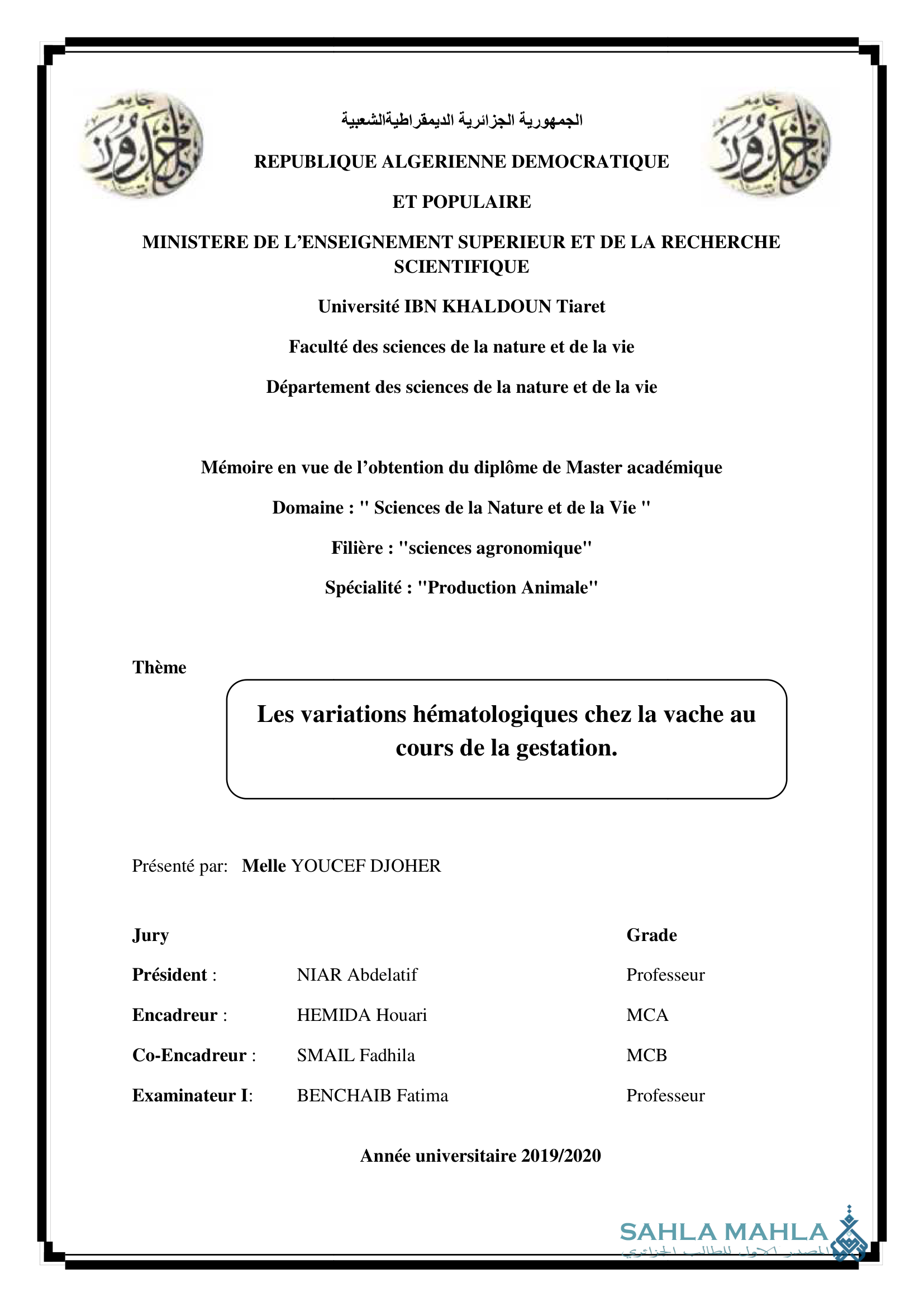 Les variations hématologiques chez la vache au cours de la gestation.