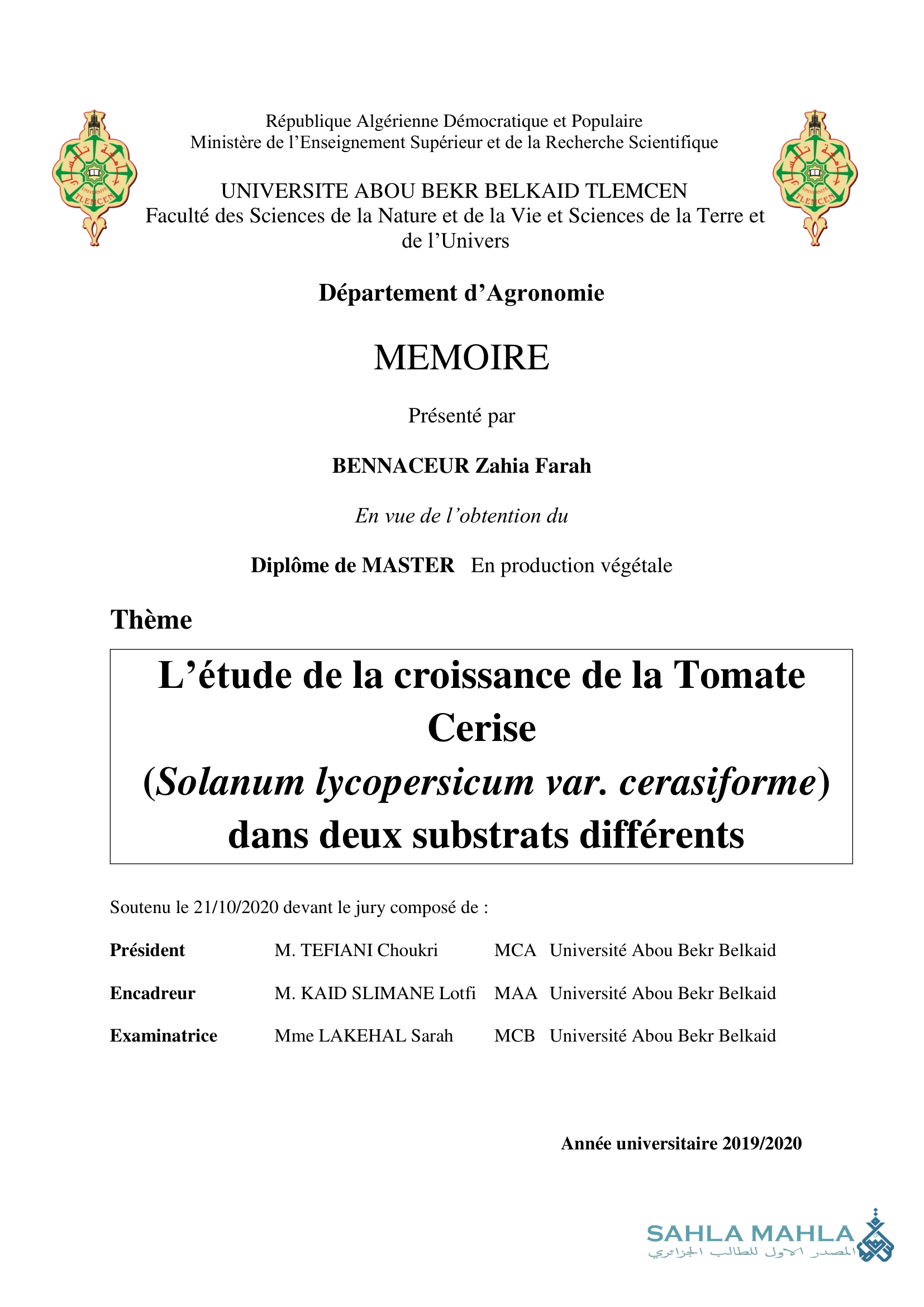 L'étude de la croissance de la Tomate Cerise (Solanum lycopersicum var. cerasiforme) dans deux substrats différents