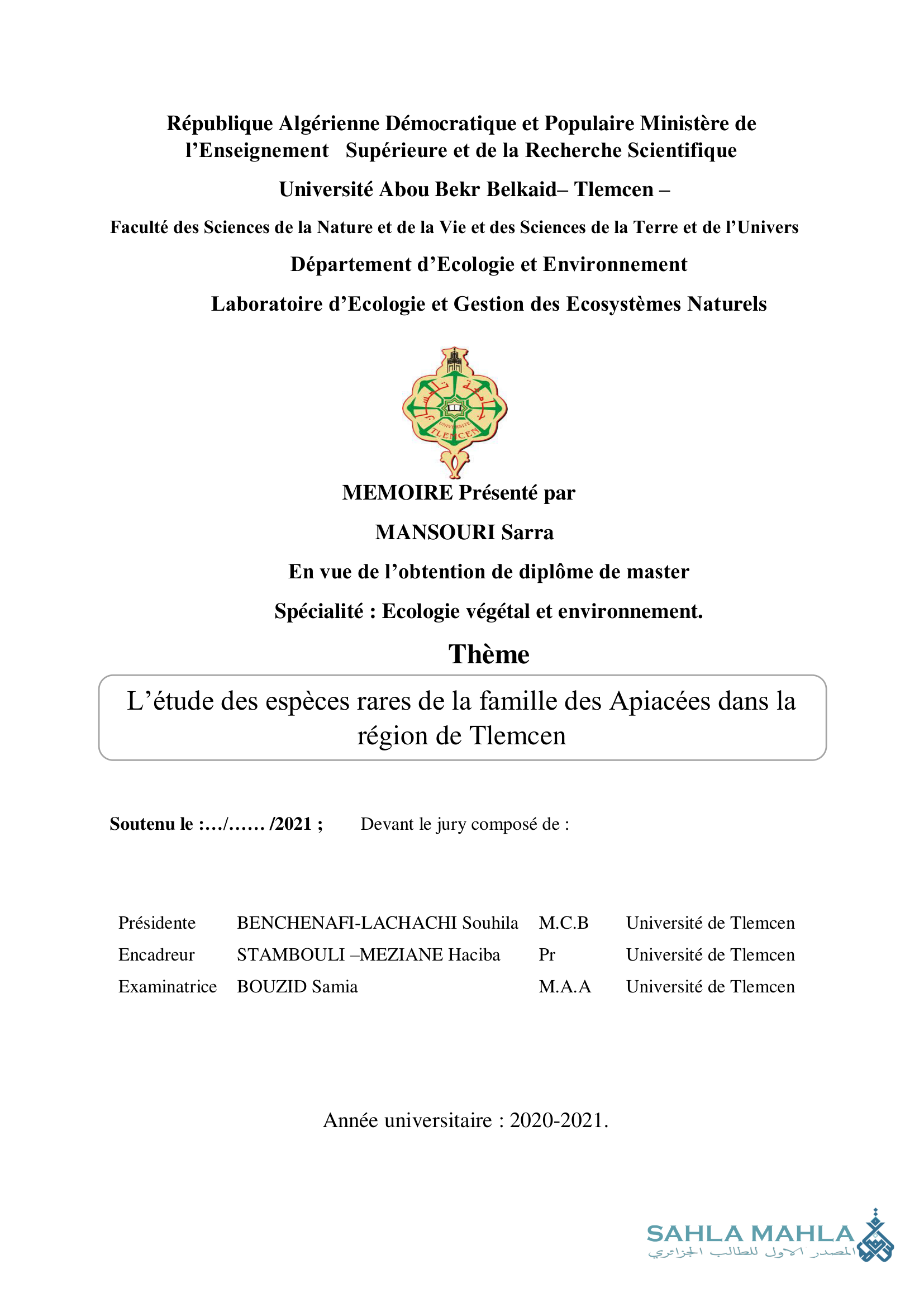 L'étude des espèces rares de la famille des Apiacées dans la région de Tlemcen