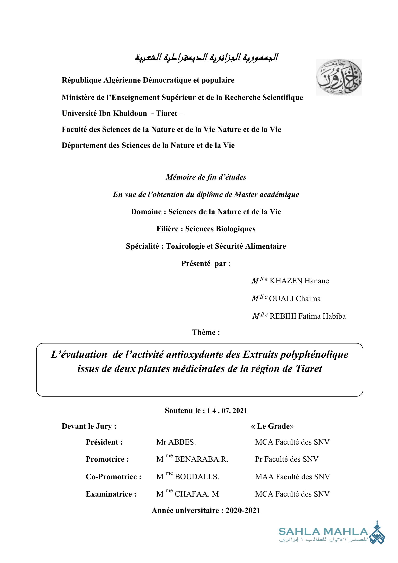 L'évaluation de l'activité antioxydante des Extraits polyphénolique issus de deux plantes médicinales de la région de Tiaret