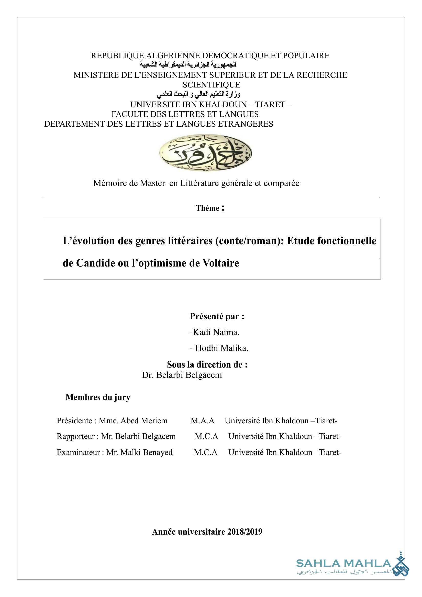 L'évolution des genres littéraires (conte/roman): Etude fonctionnelle de Candide ou l'optimisme de Voltaire