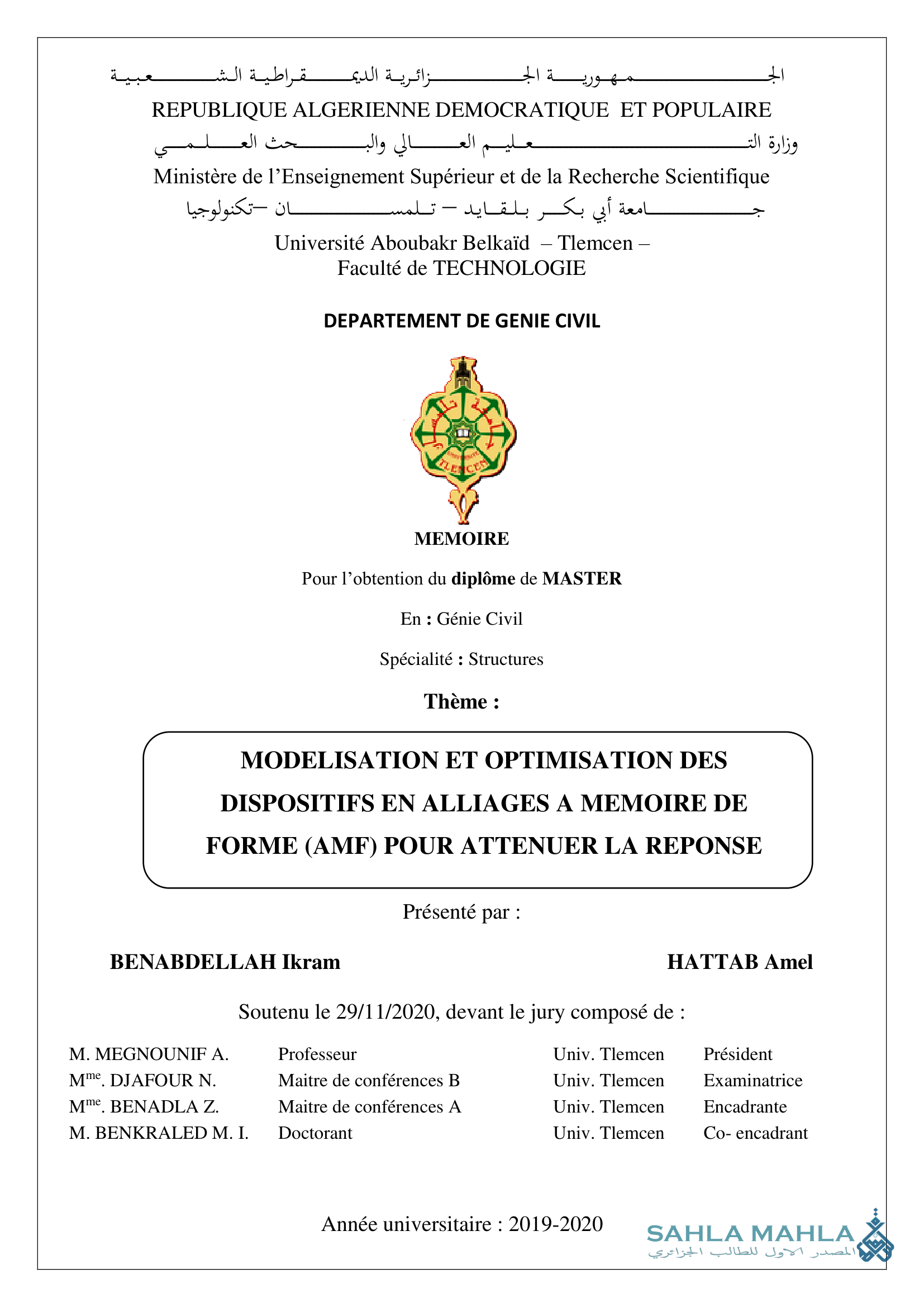 MODELISATION ET OPTIMISATION DES DISPOSITIFS EN ALLIAGES A MEMOIRE DE FORME (AMF) POUR ATTENUER LA REPONSE