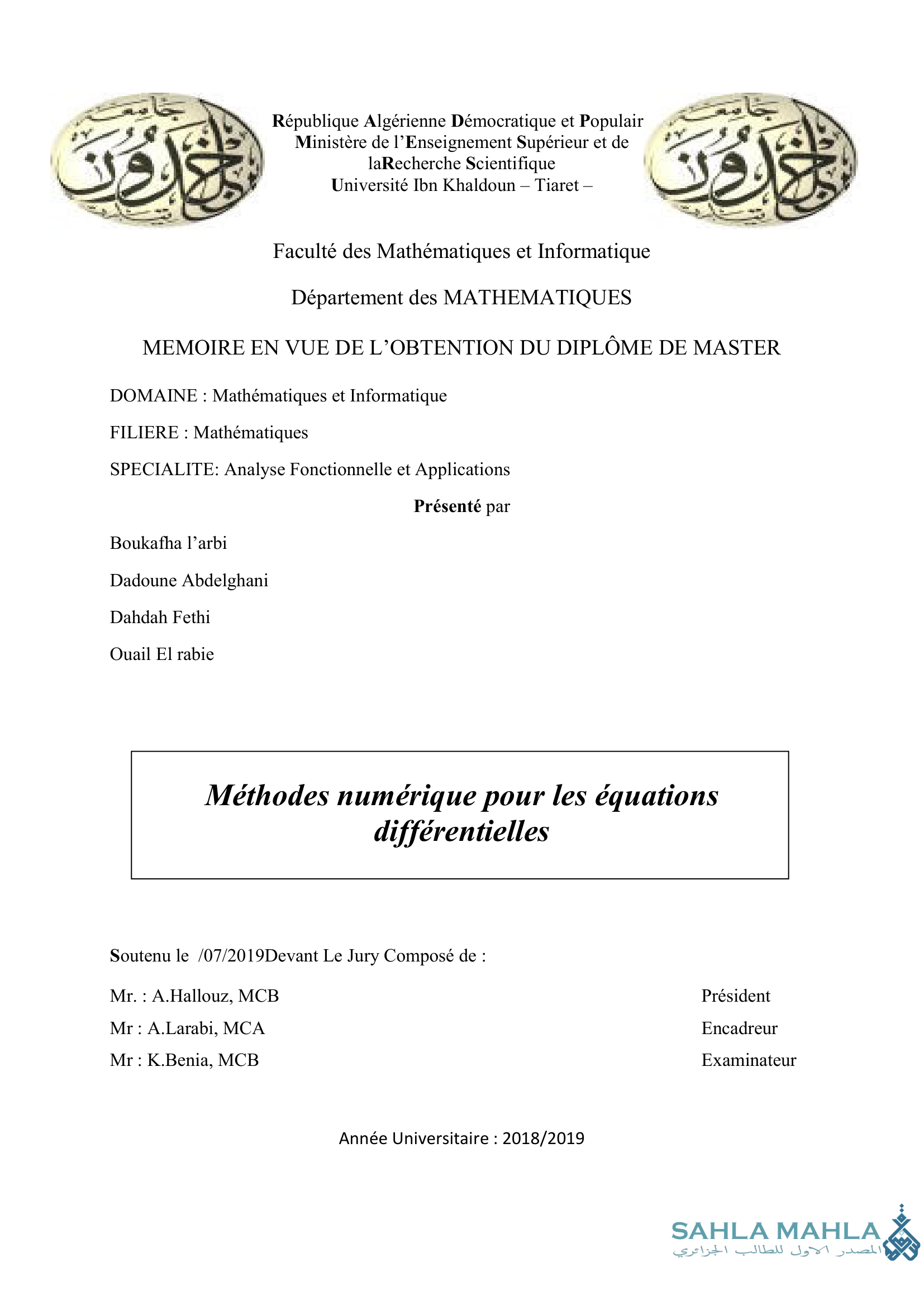 Méthodes numérique pour les équations différentielles