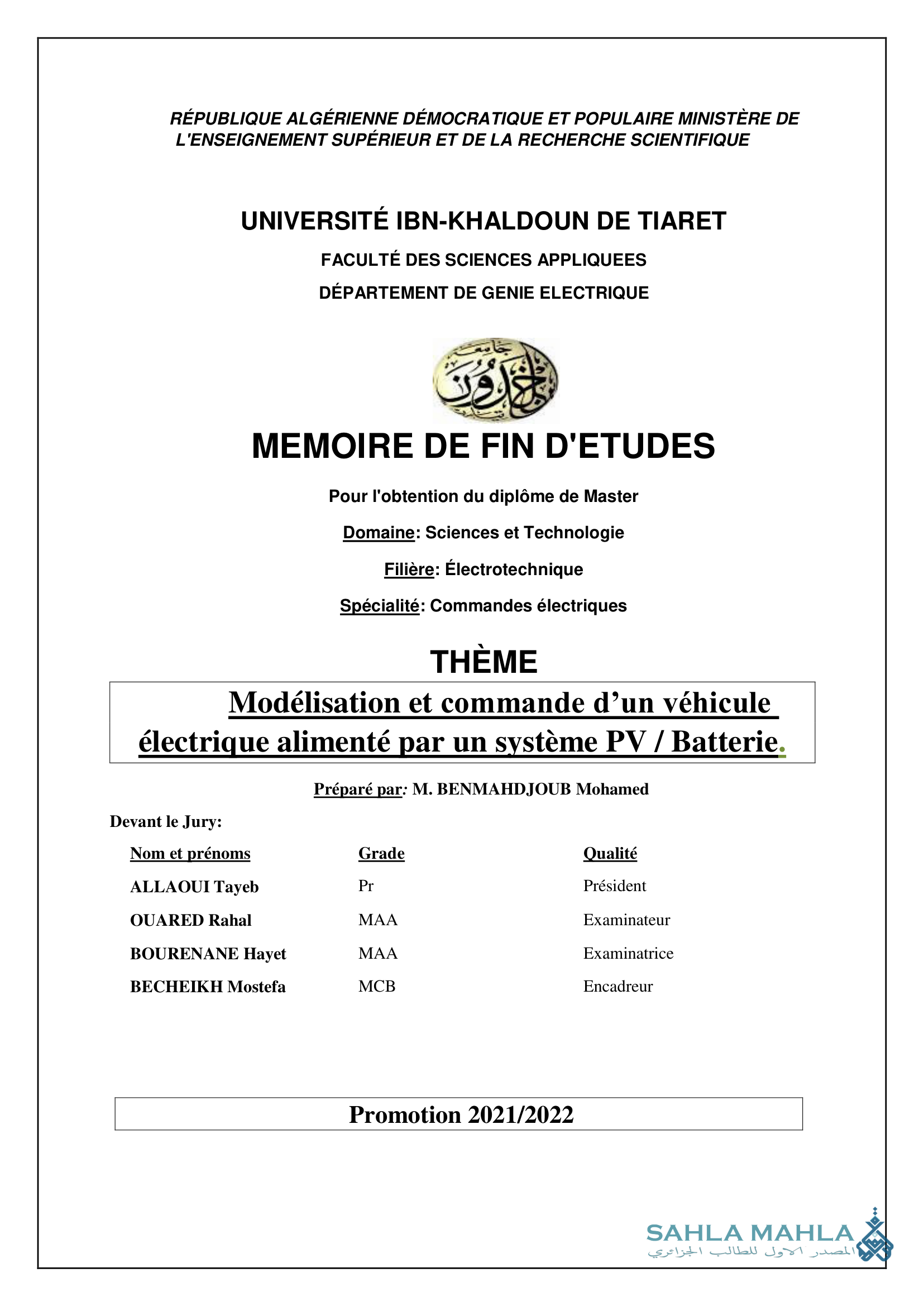 Modélisation et commande d'un véhicule électrique alimenté par un système PV / Batterie.