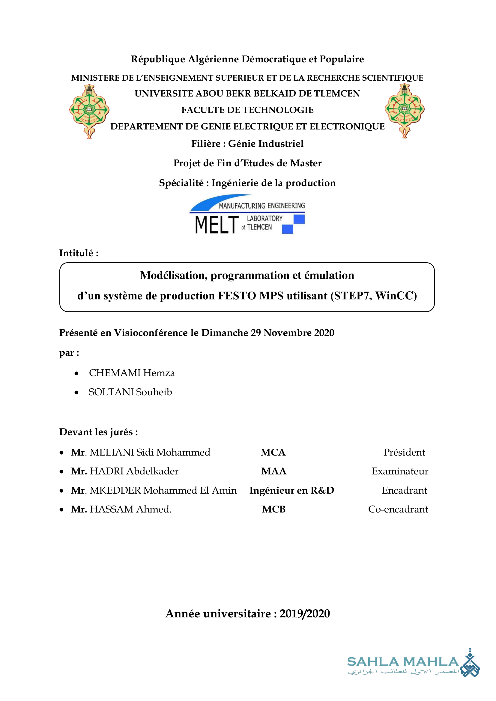 Modélisation, programmation et émulation d'un système de production FESTO MPS utilisant (STEP7, WinCC)